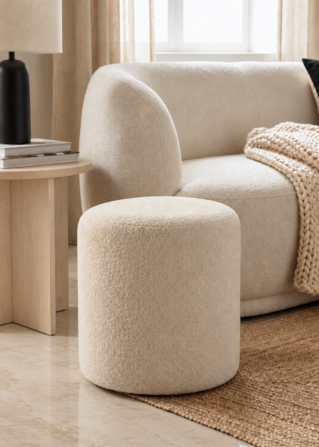 Bouclé Pouffe White
