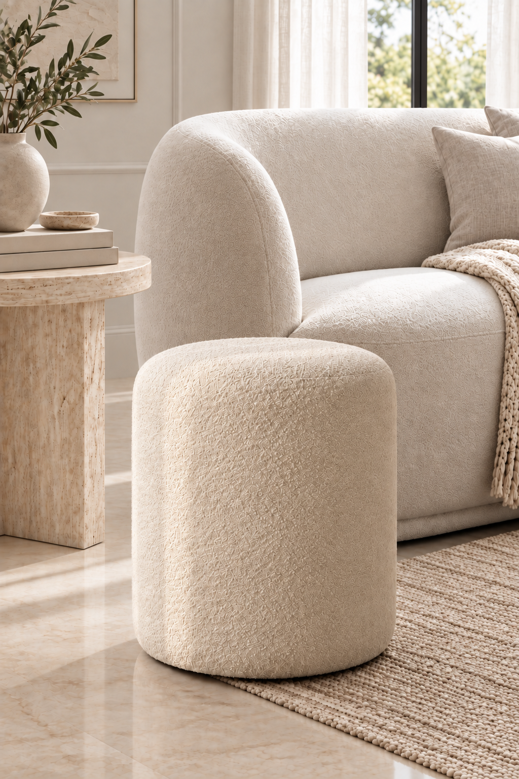 Bouclé Pouffe White