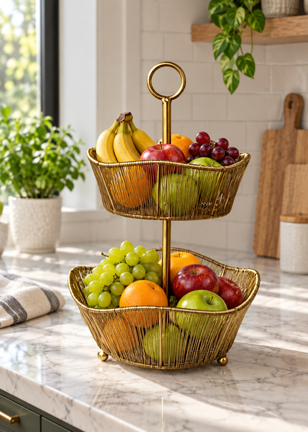 Alora Gold Two-Tier Fruit Basket