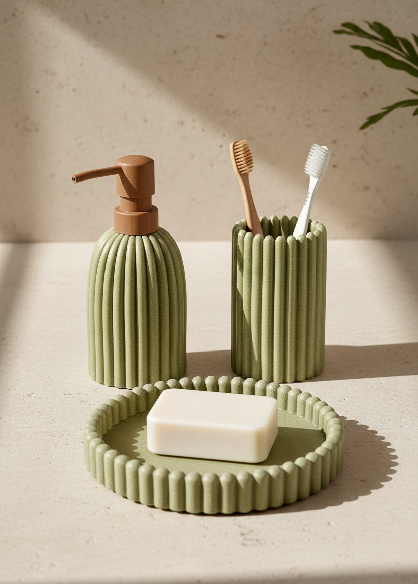 Terra Ribbed Bathroom Set - Set of 3 (Green)