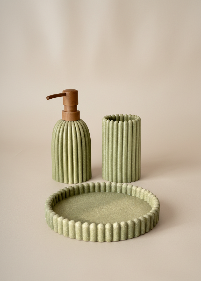 Terra Ribbed Bathroom Set - Set of 3 (Green)