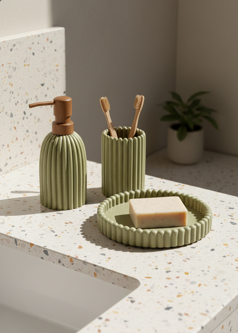 Terra Ribbed Bathroom Set - Set of 3 (Green)