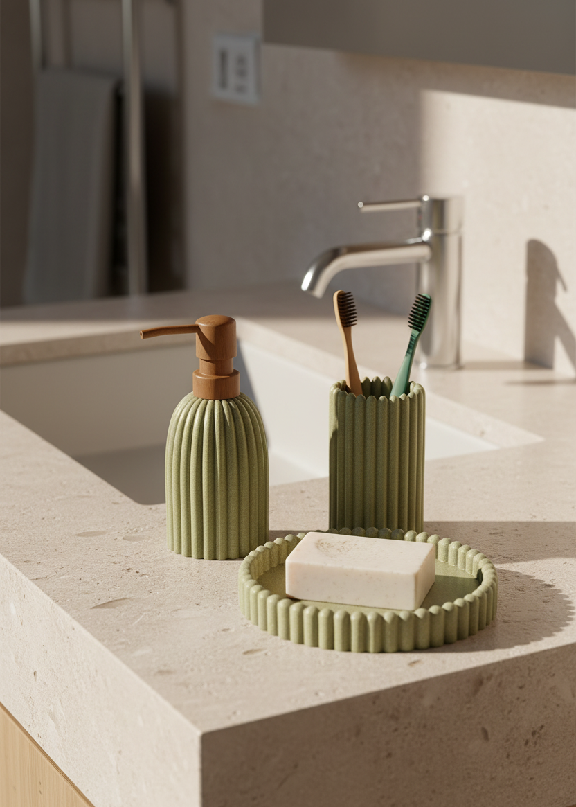 Terra Ribbed Bathroom Set - Set of 3 (Green)