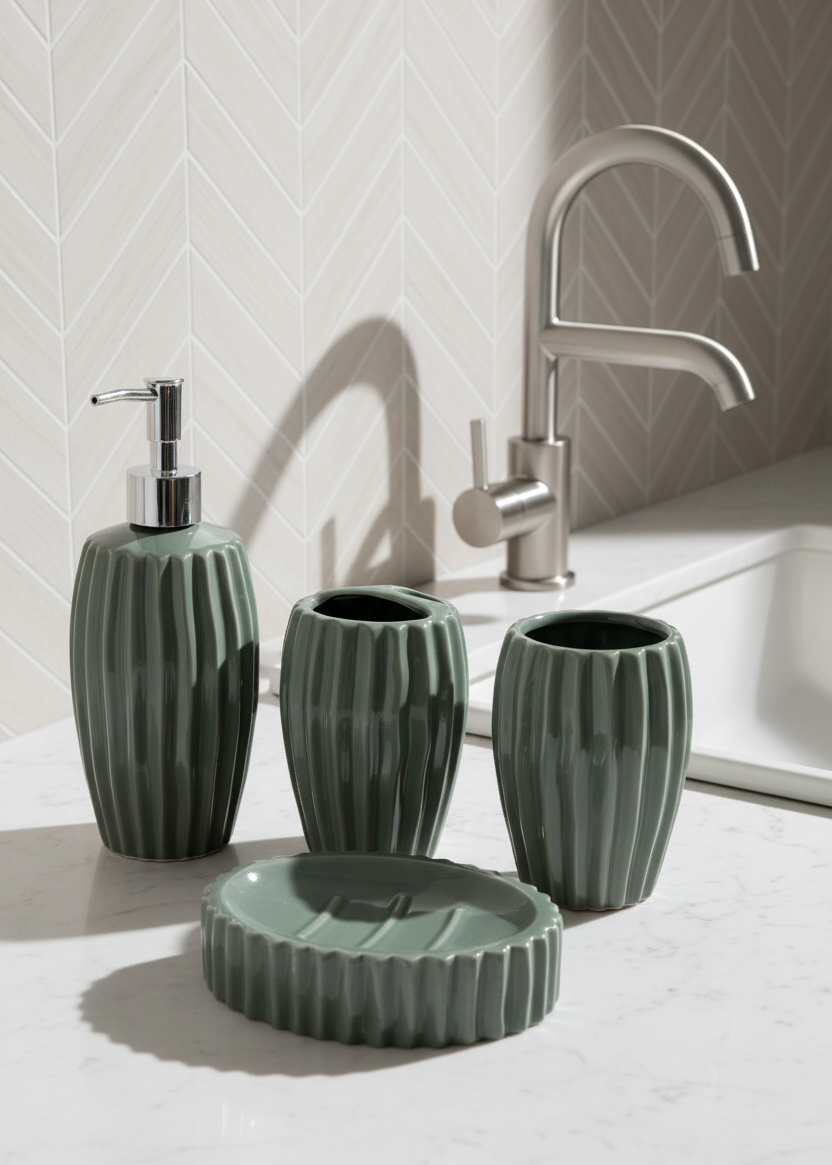 Ribbed Ceramic Bathroom Set - Sage Green