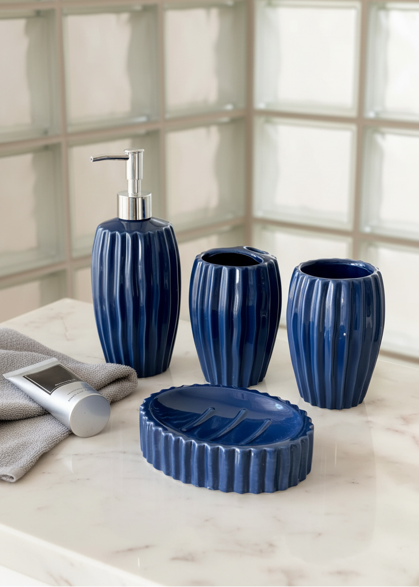 Ribbed Ceramic Bathroom Set - Blue