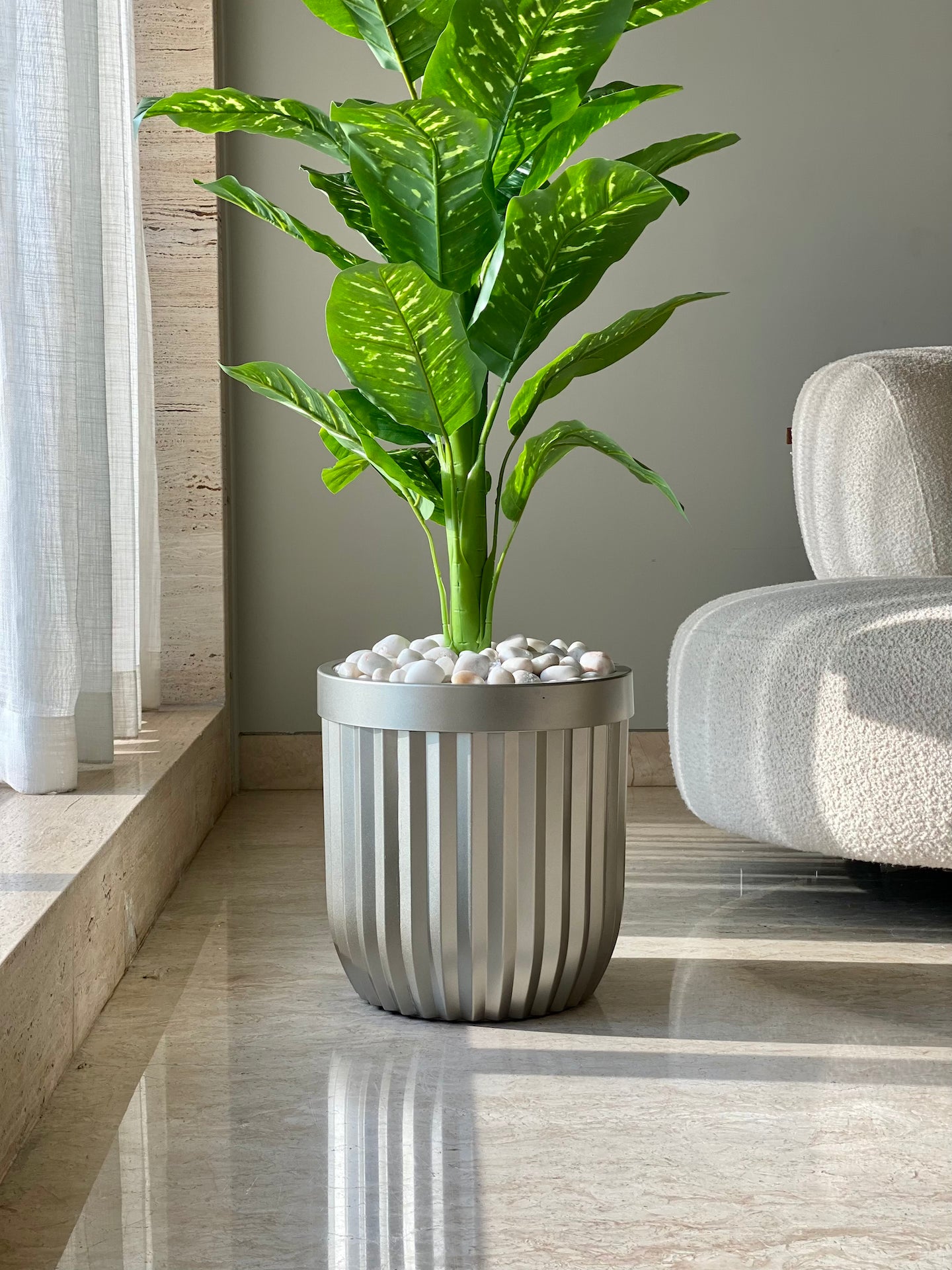large grey indoor plant pot Grove Metallic Grey Planters – Mason Home