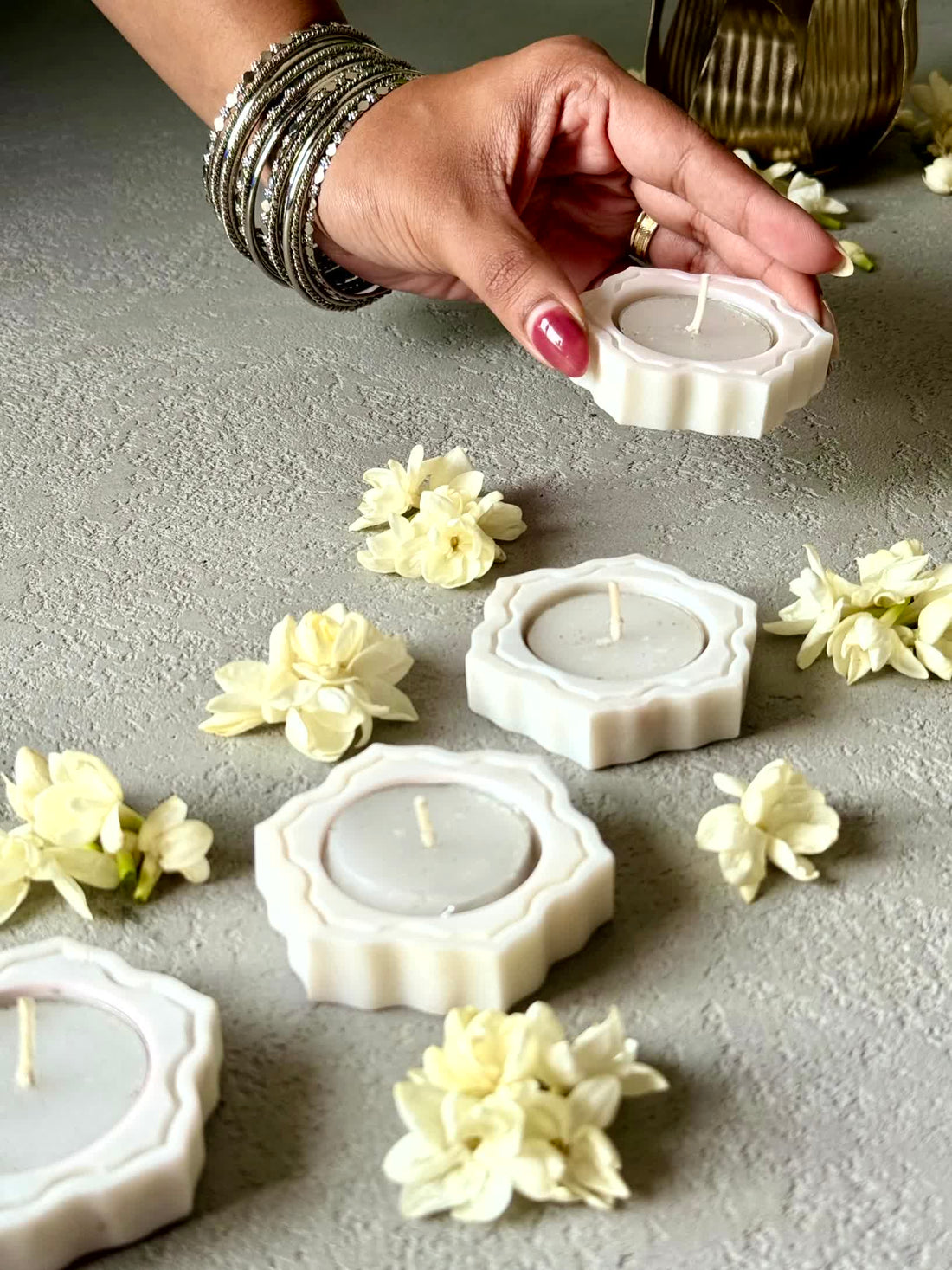 Pichola Marble Flower Votive Holder - Set Of 4