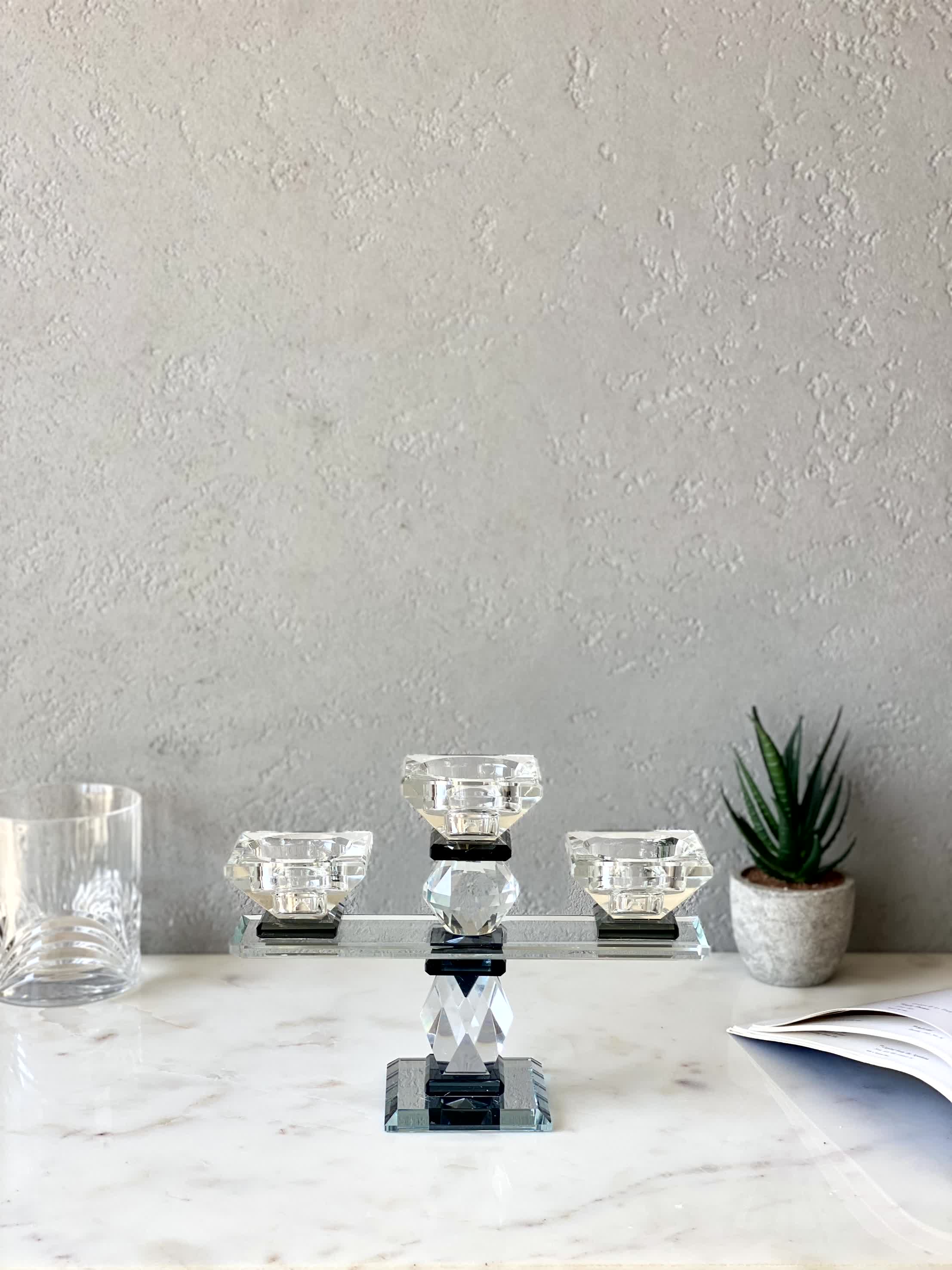 Three Arm Crystal Candle Holders - Black
