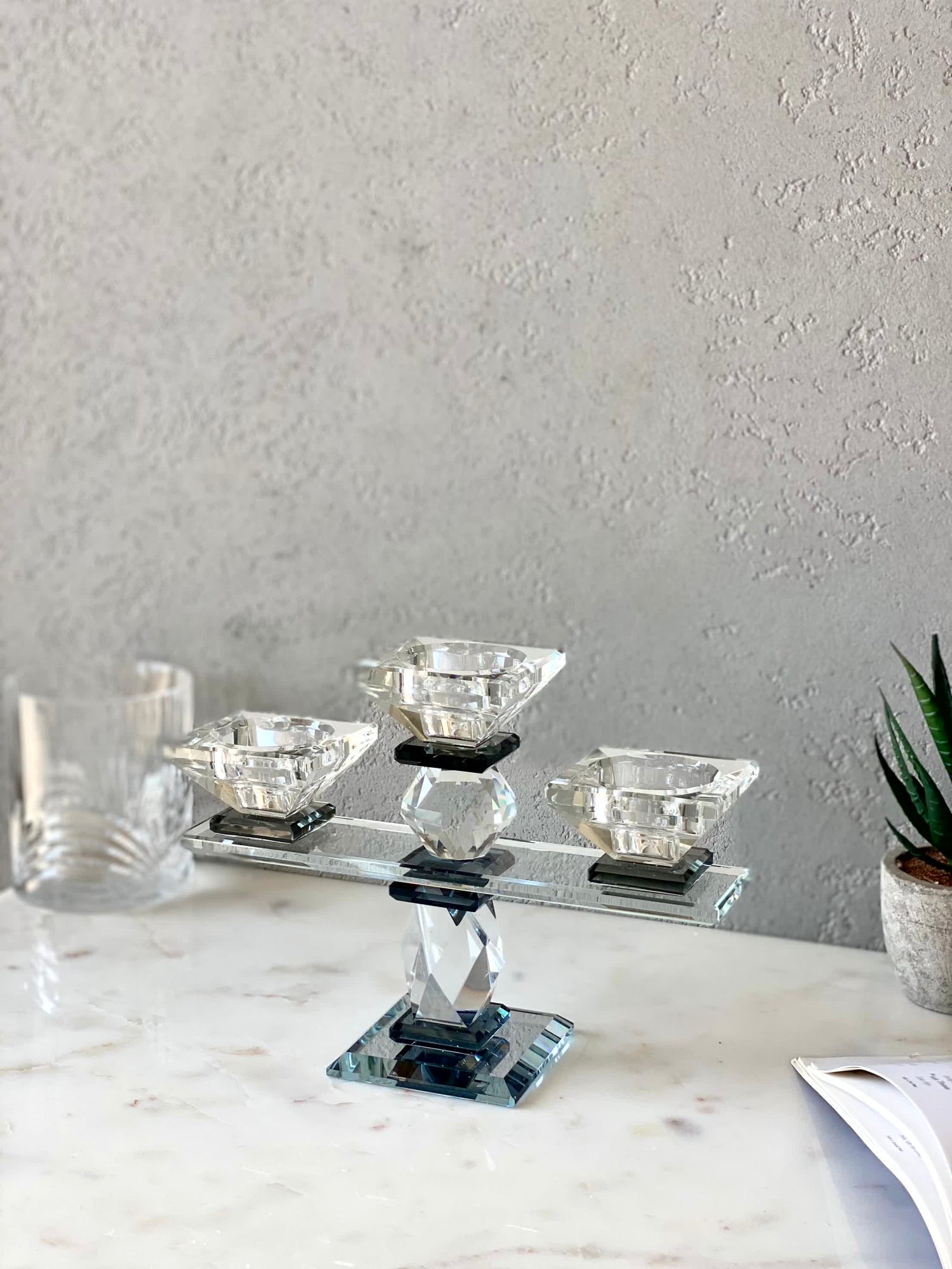 Three Arm Crystal Candle Holders - Black