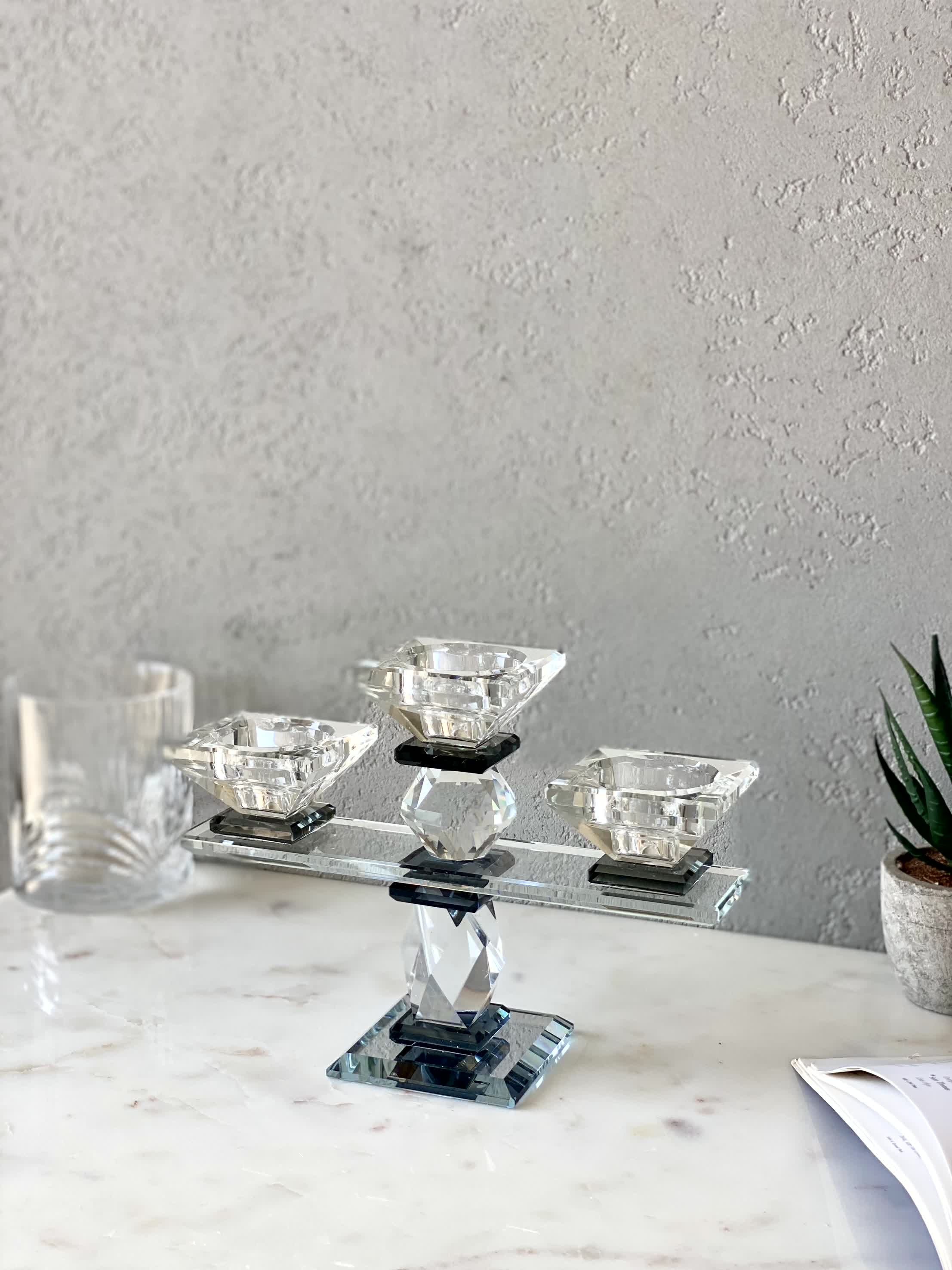 Three Arm Crystal Candle Holders - Black