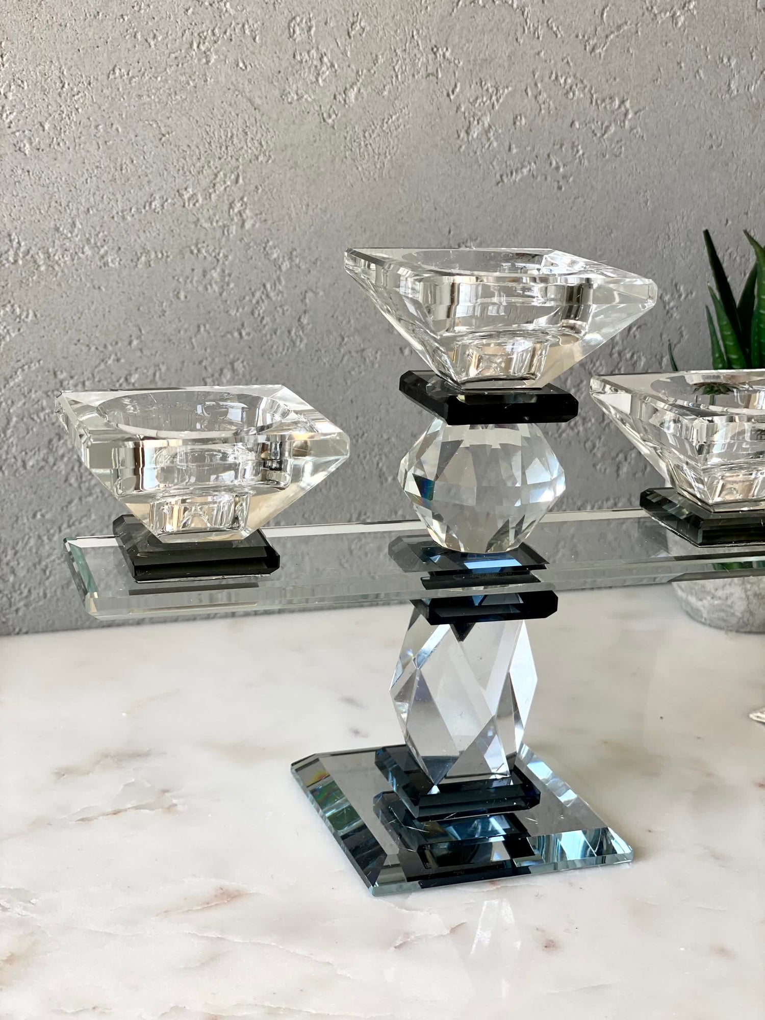 Three Arm Crystal Candle Holders - Black