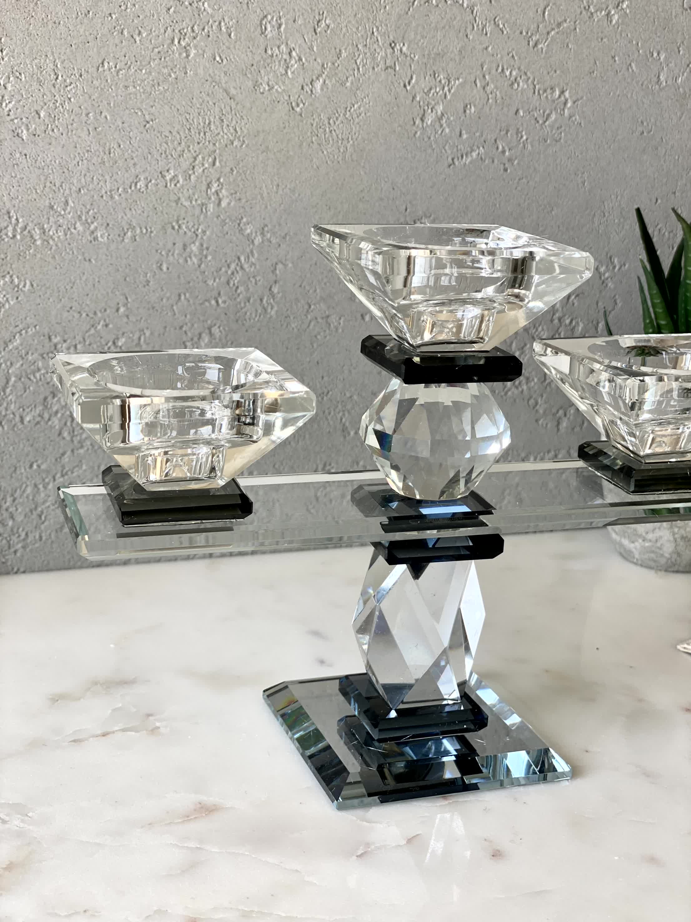 Three Arm Crystal Candle Holders - Black
