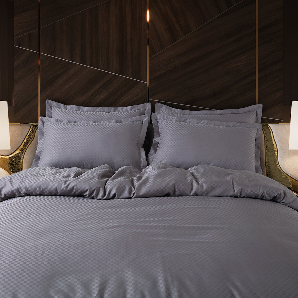 Lyon Jacquard Light Grey Checks Duvet Cover