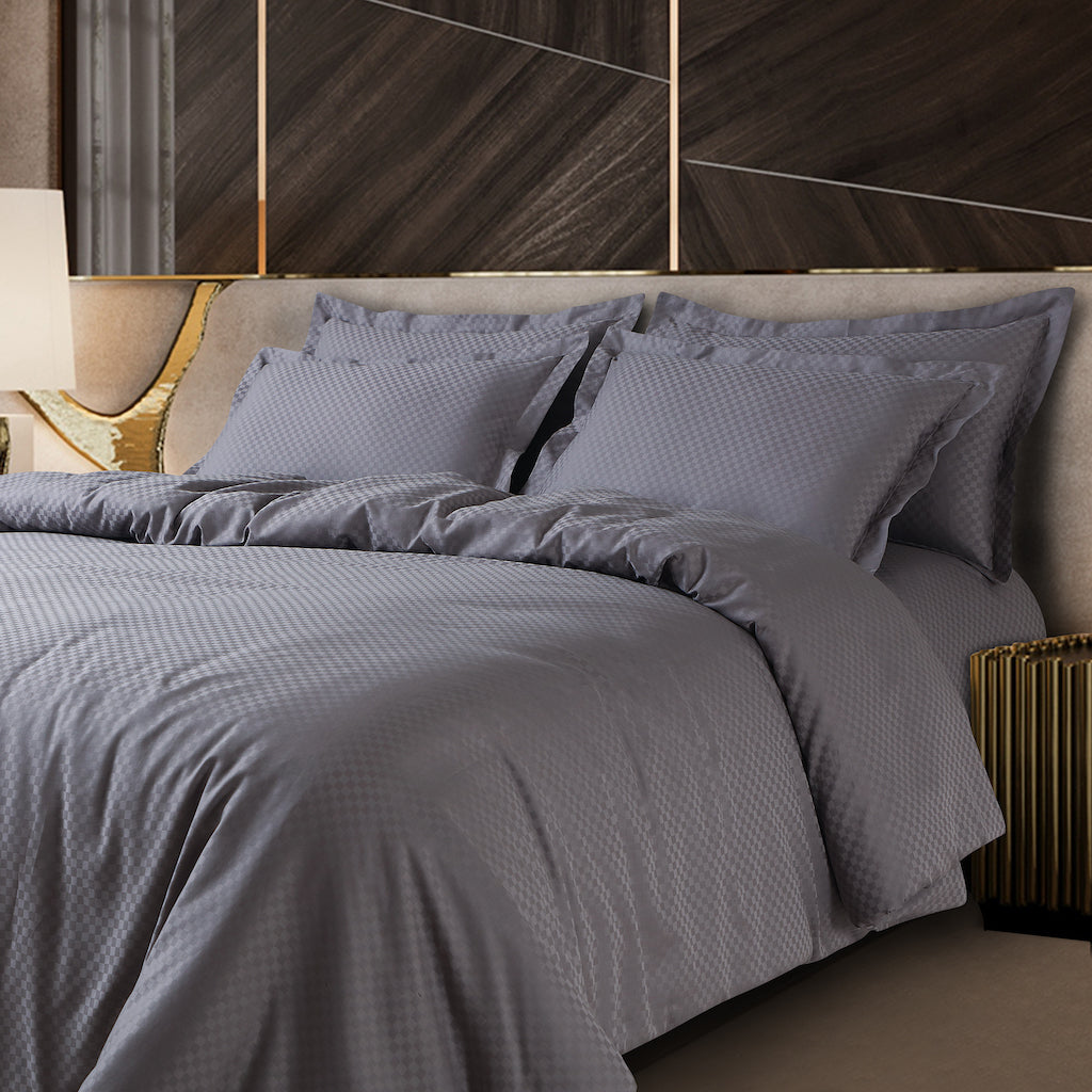 Lyon Jacquard Light Grey Checks Duvet Cover