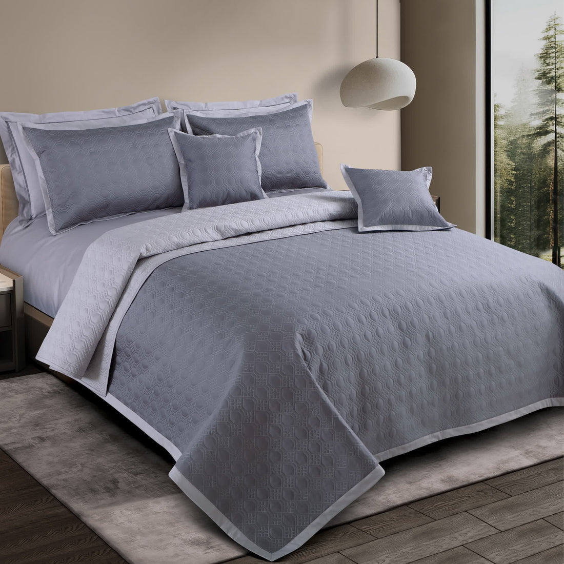 Luxe Reversible Bedspread Set - Grey & Silver Grey