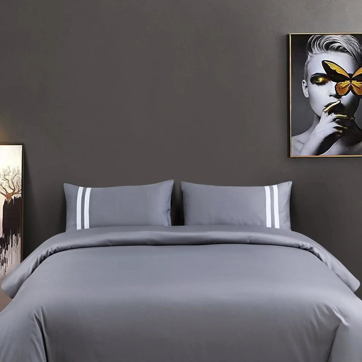 Luxe Striped King Size Bedsheet with 2 Pillow Covers-Grey