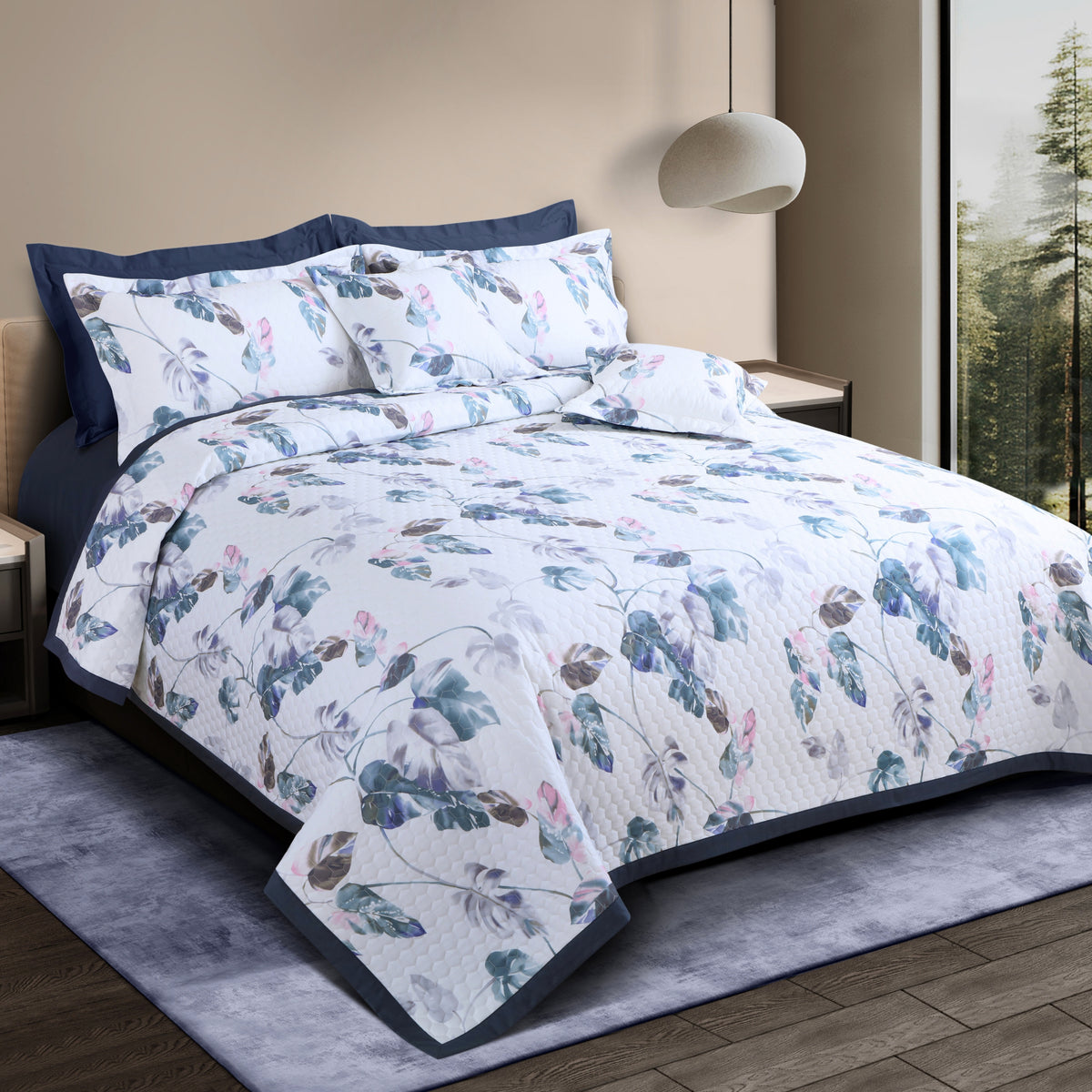 Royale Printed Quilted Bedspread Set with 2 Pillow Covers and 2 Cushion Covers-White