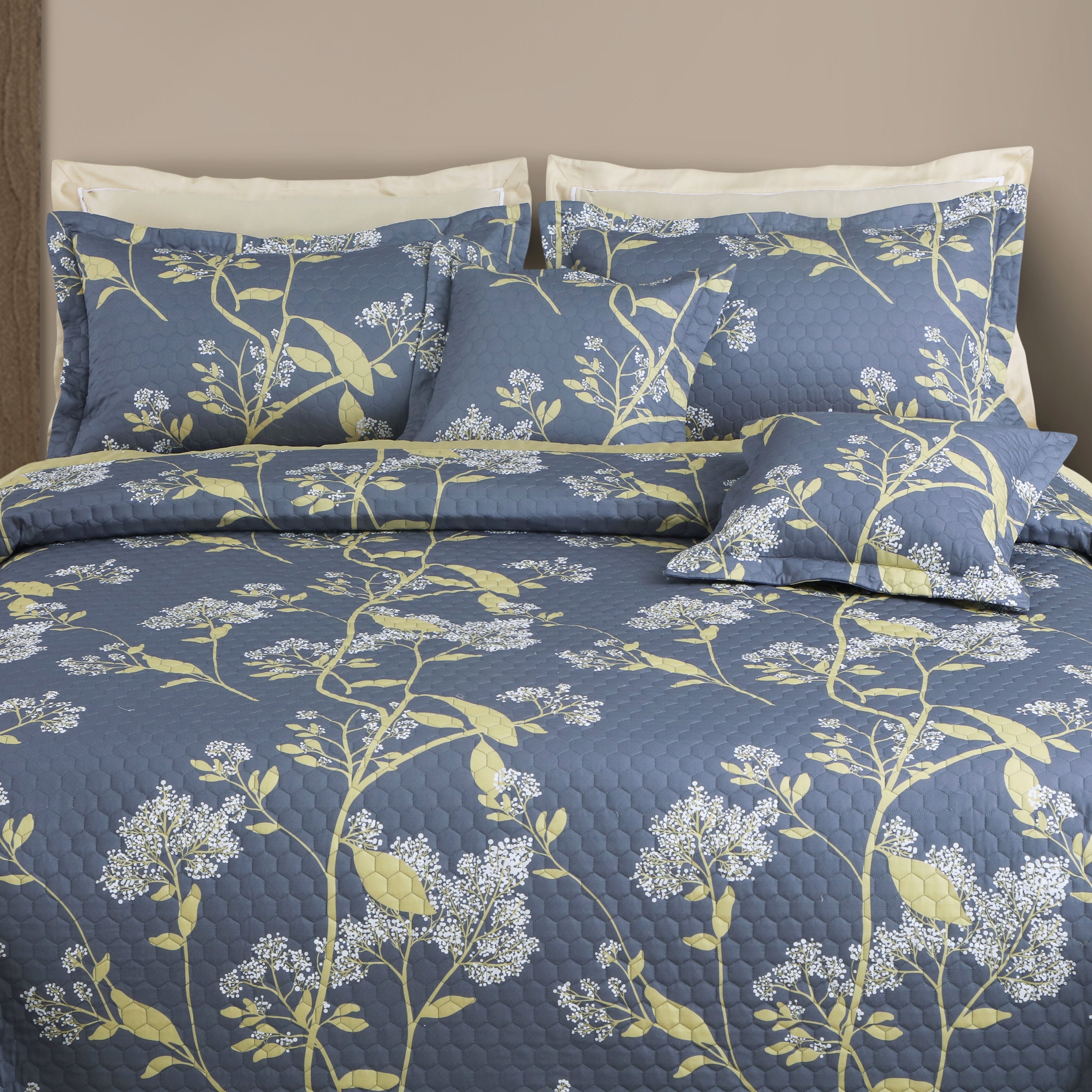 Royale Printed Quilted Bedspread Set with 2 Pillow Covers and 2 Cushion Covers-Grey