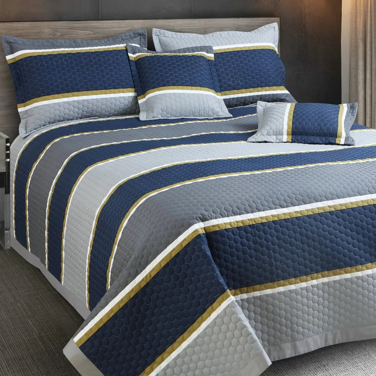Royale Printed Quilted Bedspread Set with 2 Pillow Covers and 2 Cushion Covers-Blue