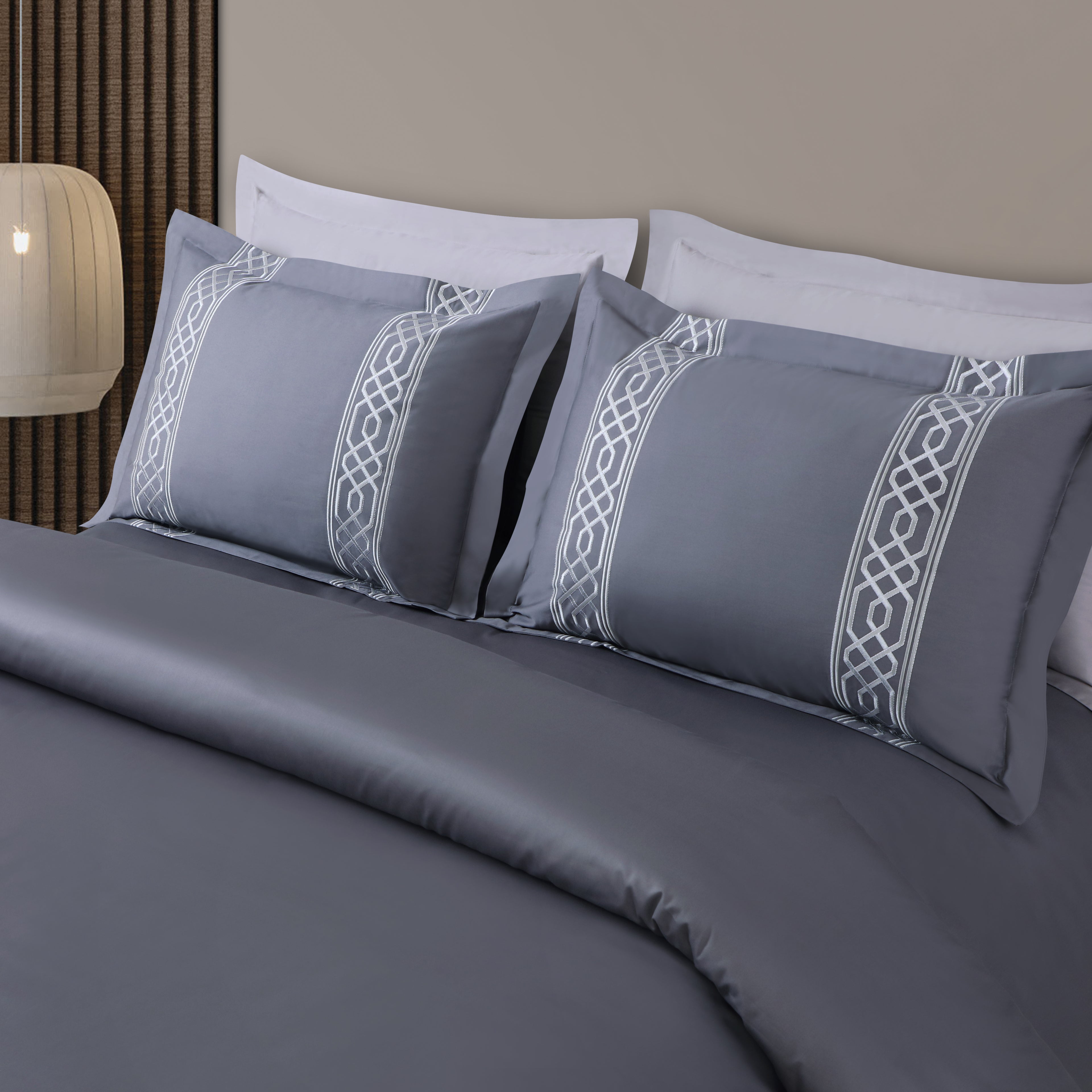 Luxe Stitch & Dream Bedsheet with 2 Embroidered -2 Plain Pillow Cases -Grey
