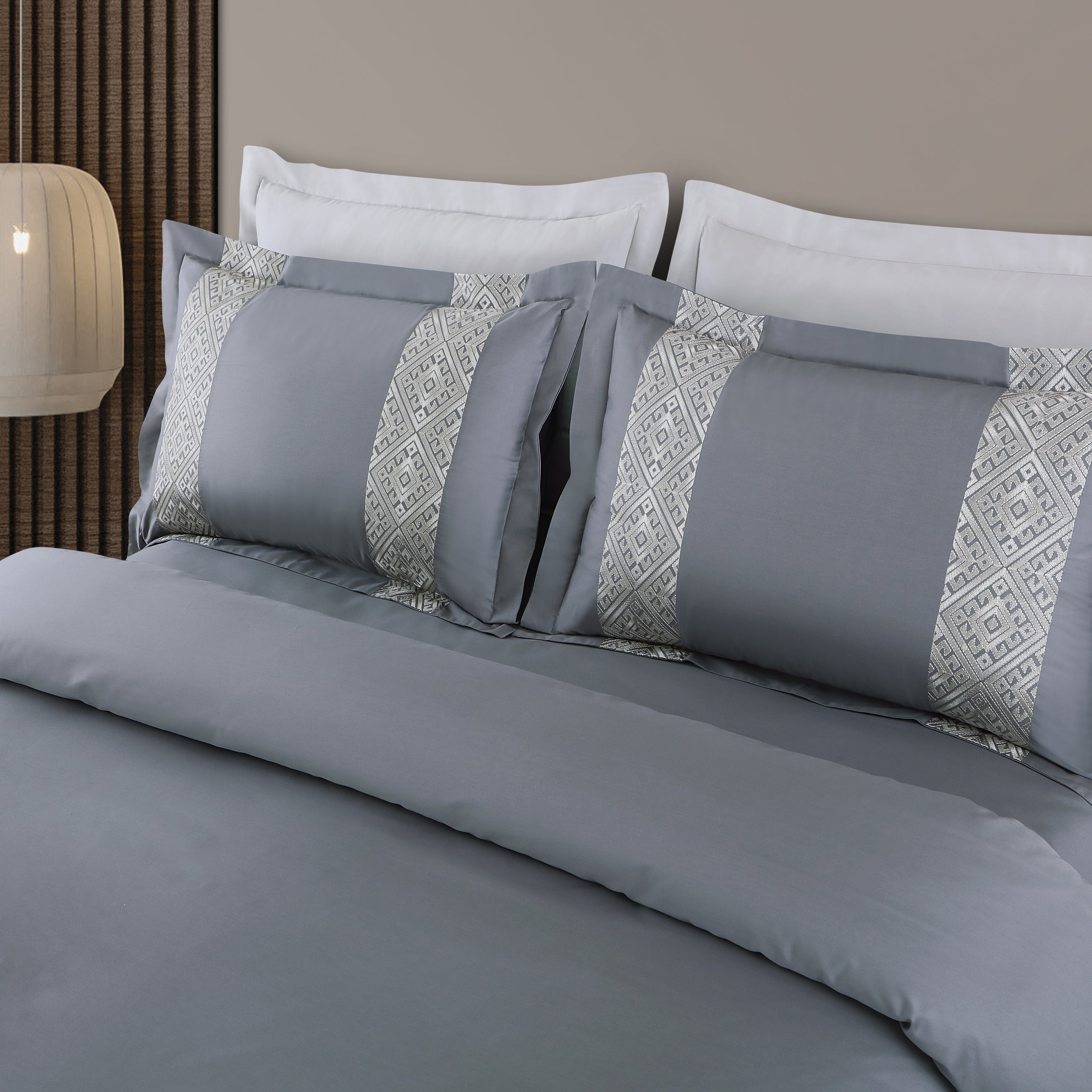 Luxe Stitch & Dream Bedsheet with 2 Embroidered -2 Plain Pillow Cases -Grey