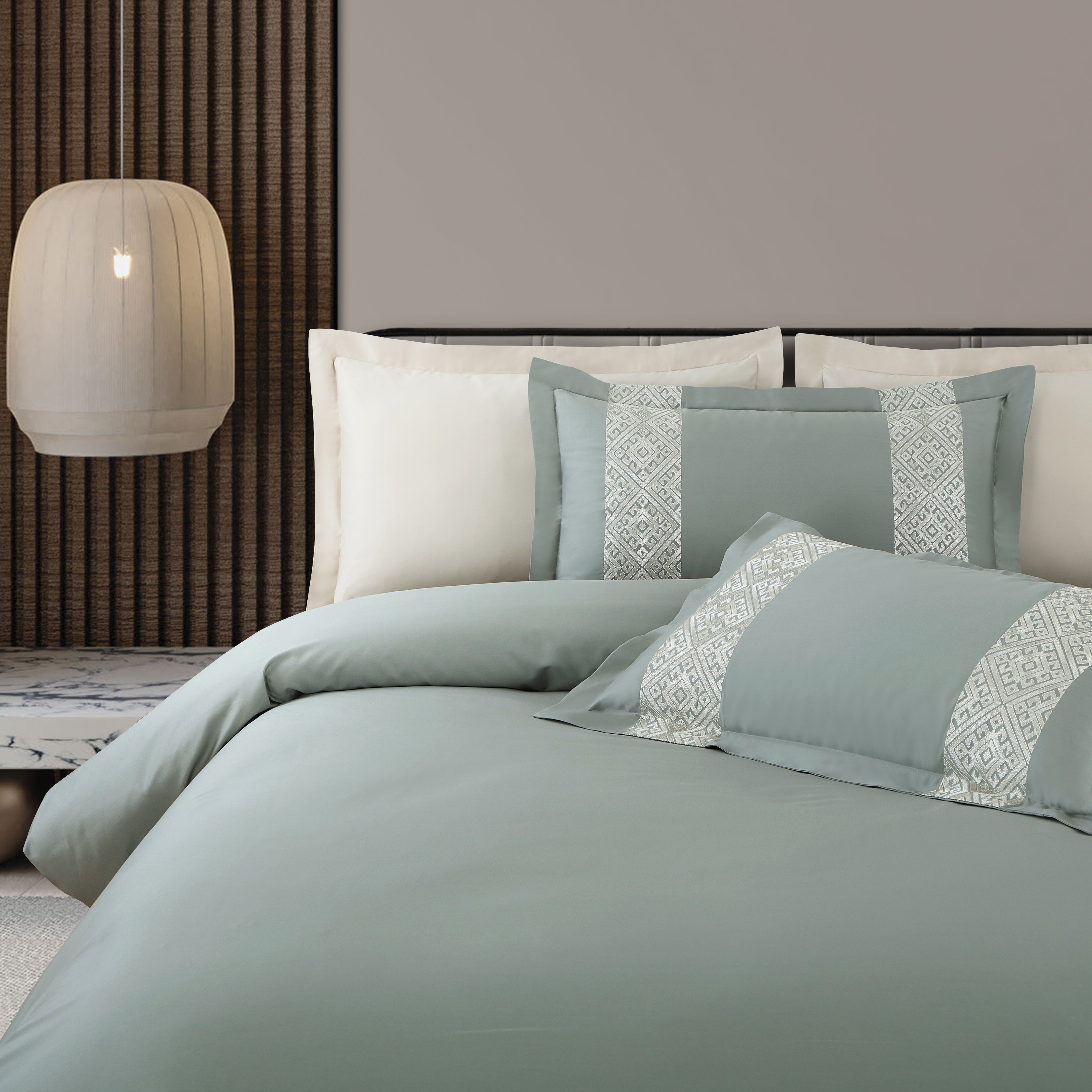 Luxe Stitch & Dream Bedsheet with 2 Embroidered -2 Plain Pillow Cases -Olive Green
