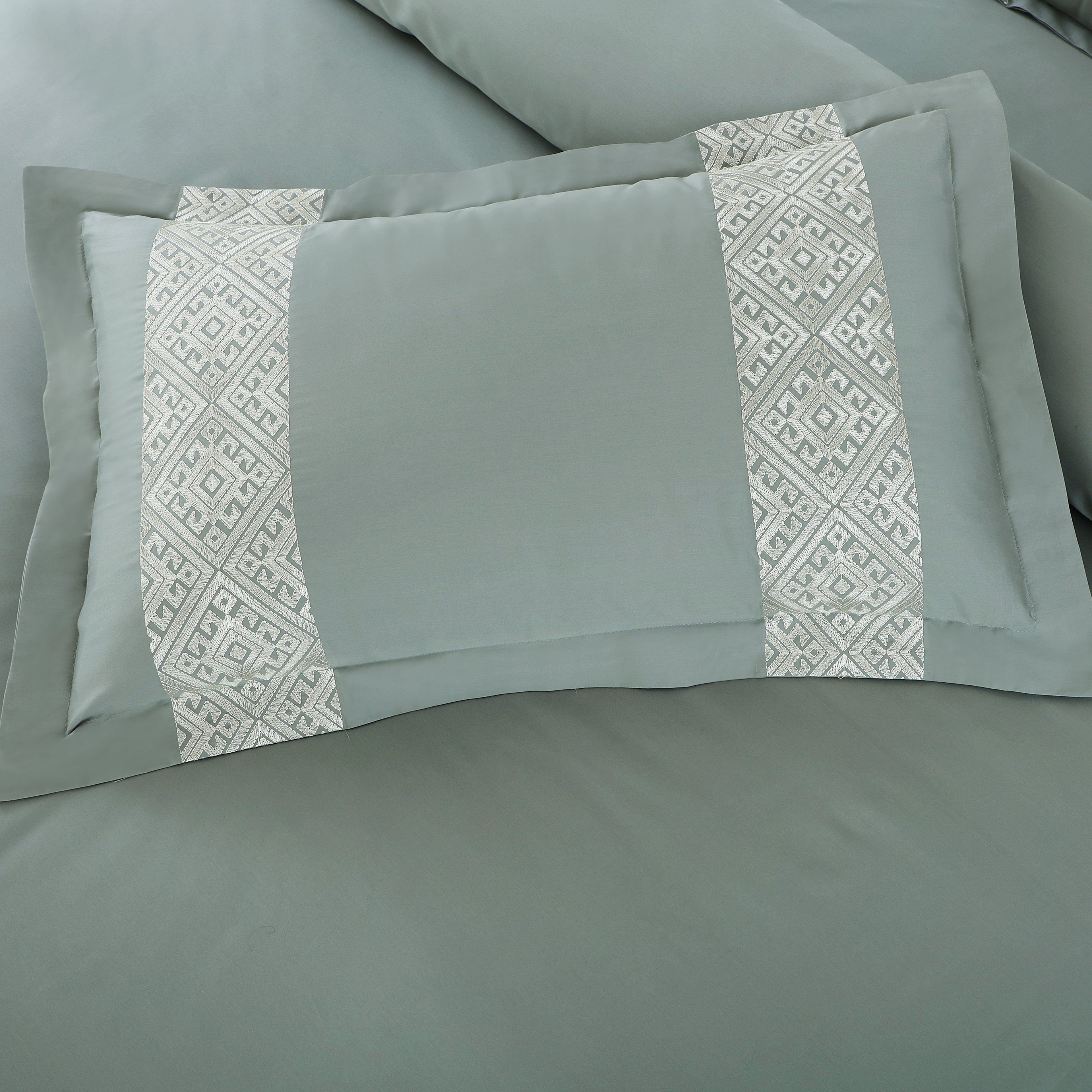 Luxe Stitch & Dream Bedsheet with 2 Embroidered -2 Plain Pillow Cases -Olive Green