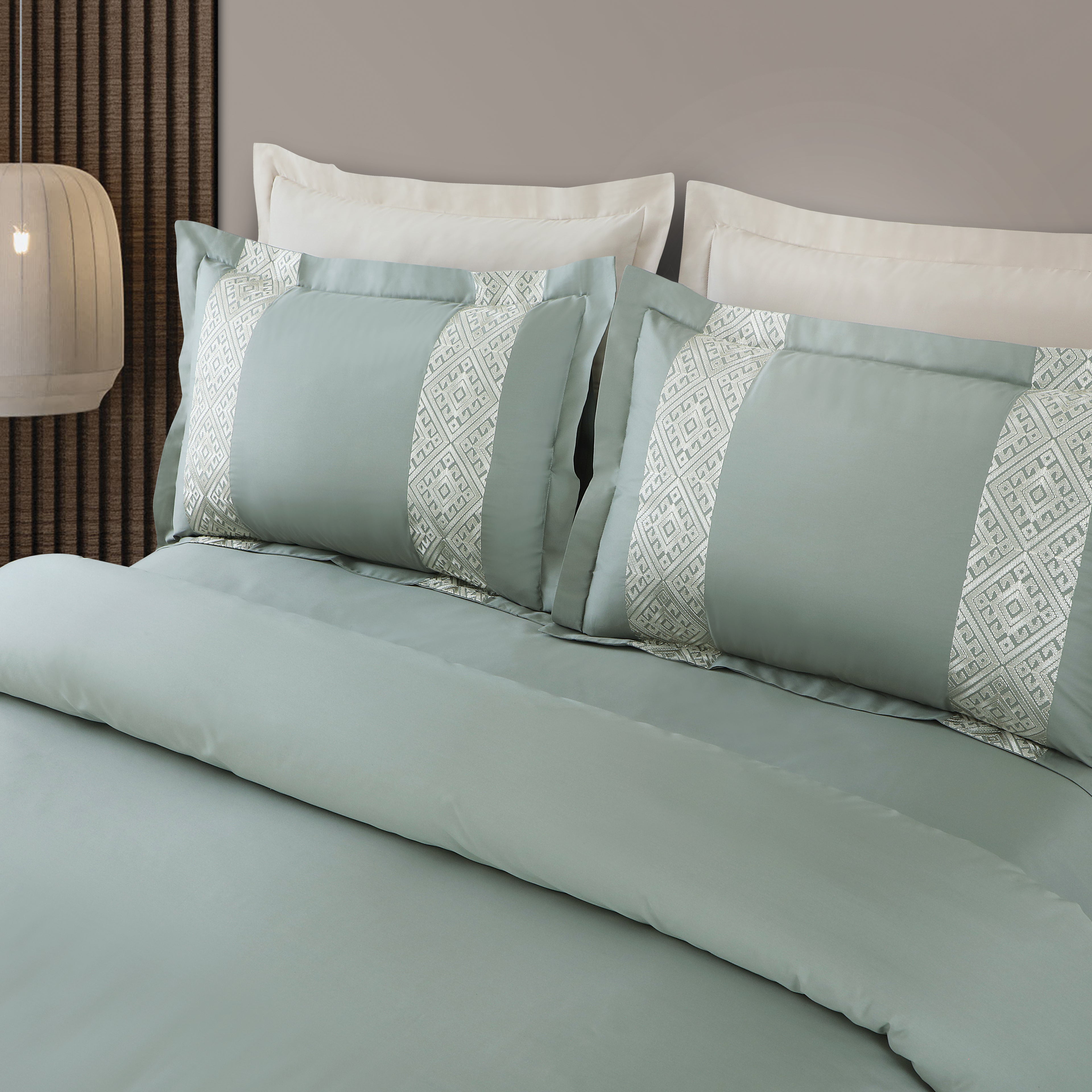 Luxe Stitch & Dream Bedsheet with 2 Embroidered -2 Plain Pillow Cases -Olive Green