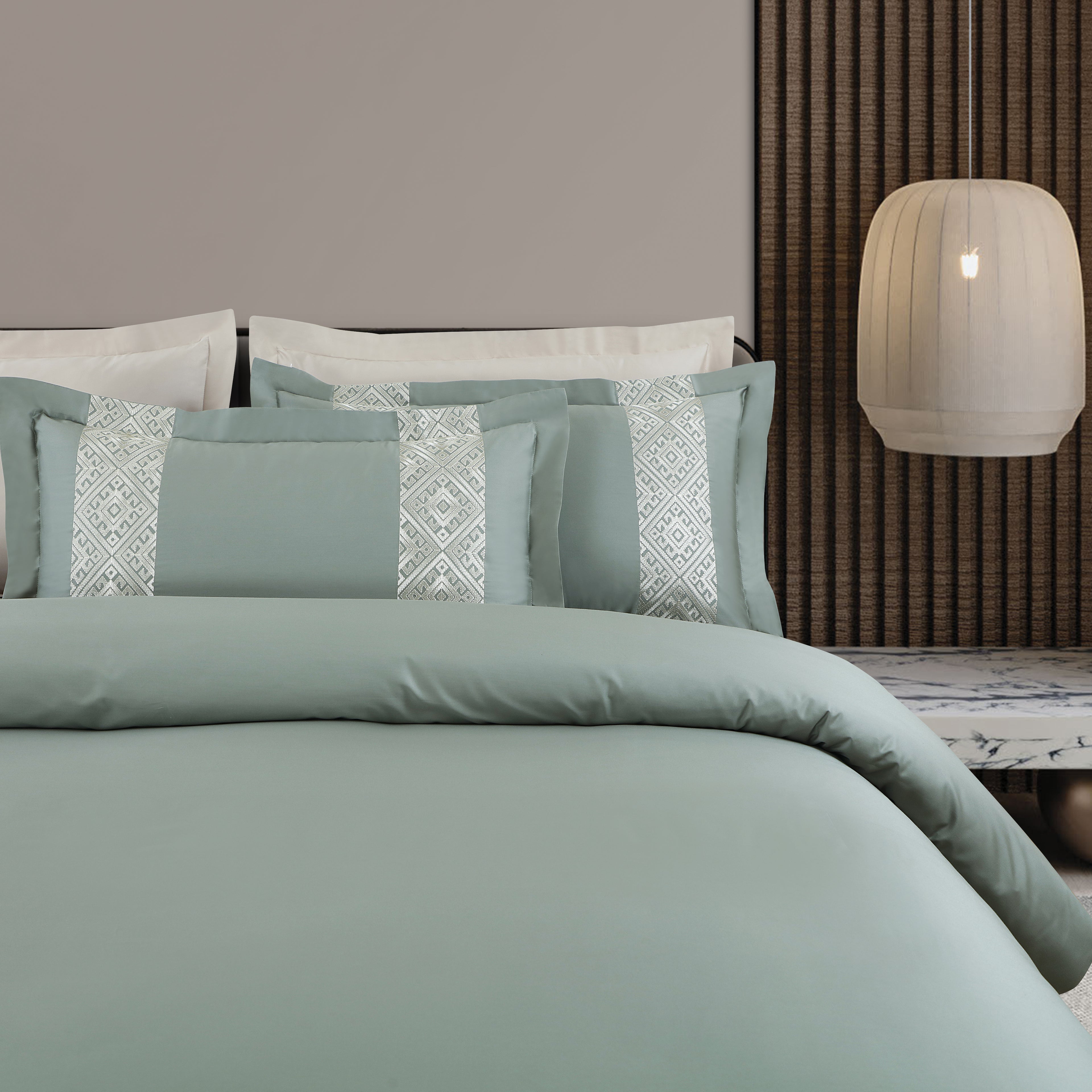 Luxe Stitch & Dream Bedsheet with 2 Embroidered -2 Plain Pillow Cases -Olive Green