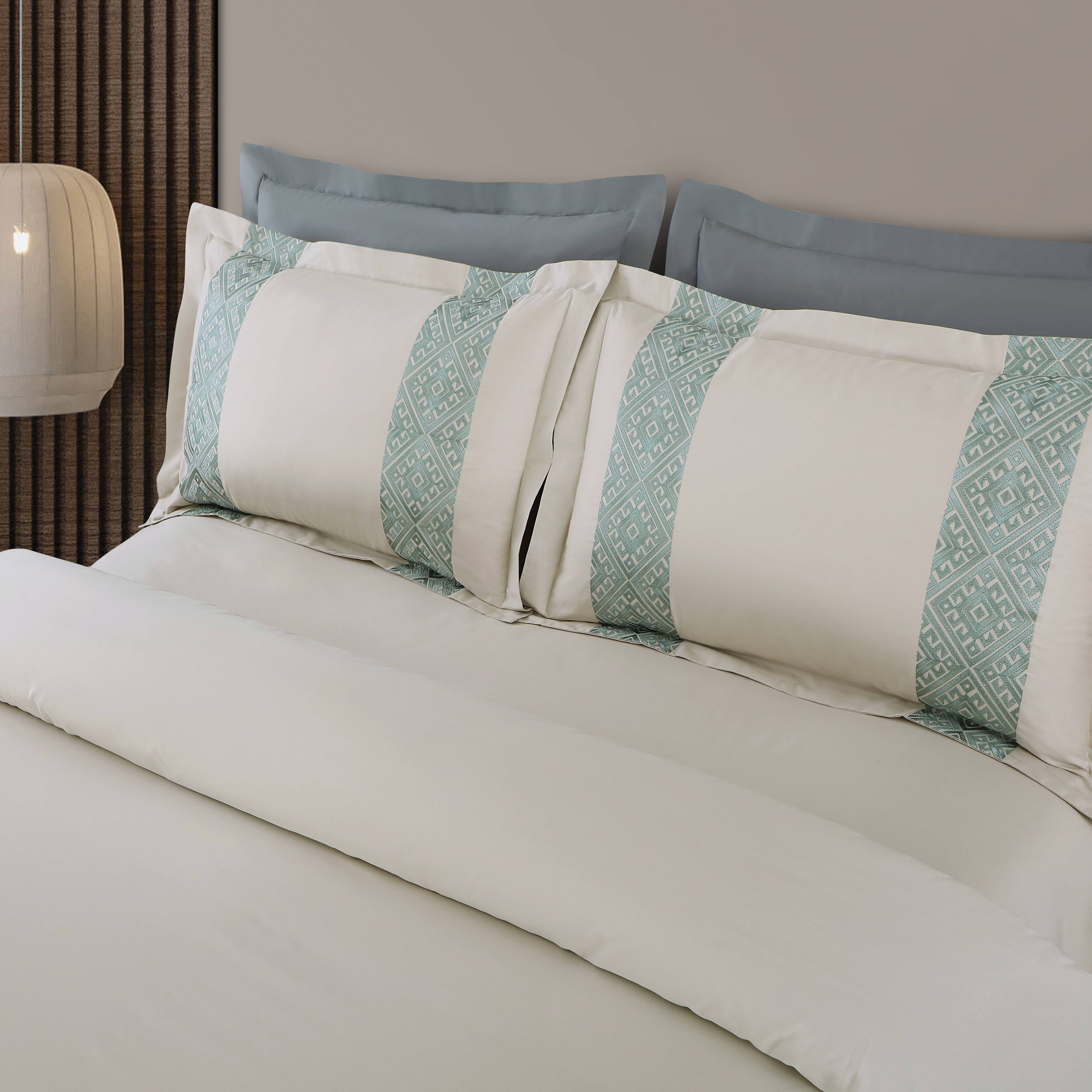 Luxe Stitch & Dream Bedsheet with 2 Embroidered -2 Plain Pillow Cases -Olive Beige