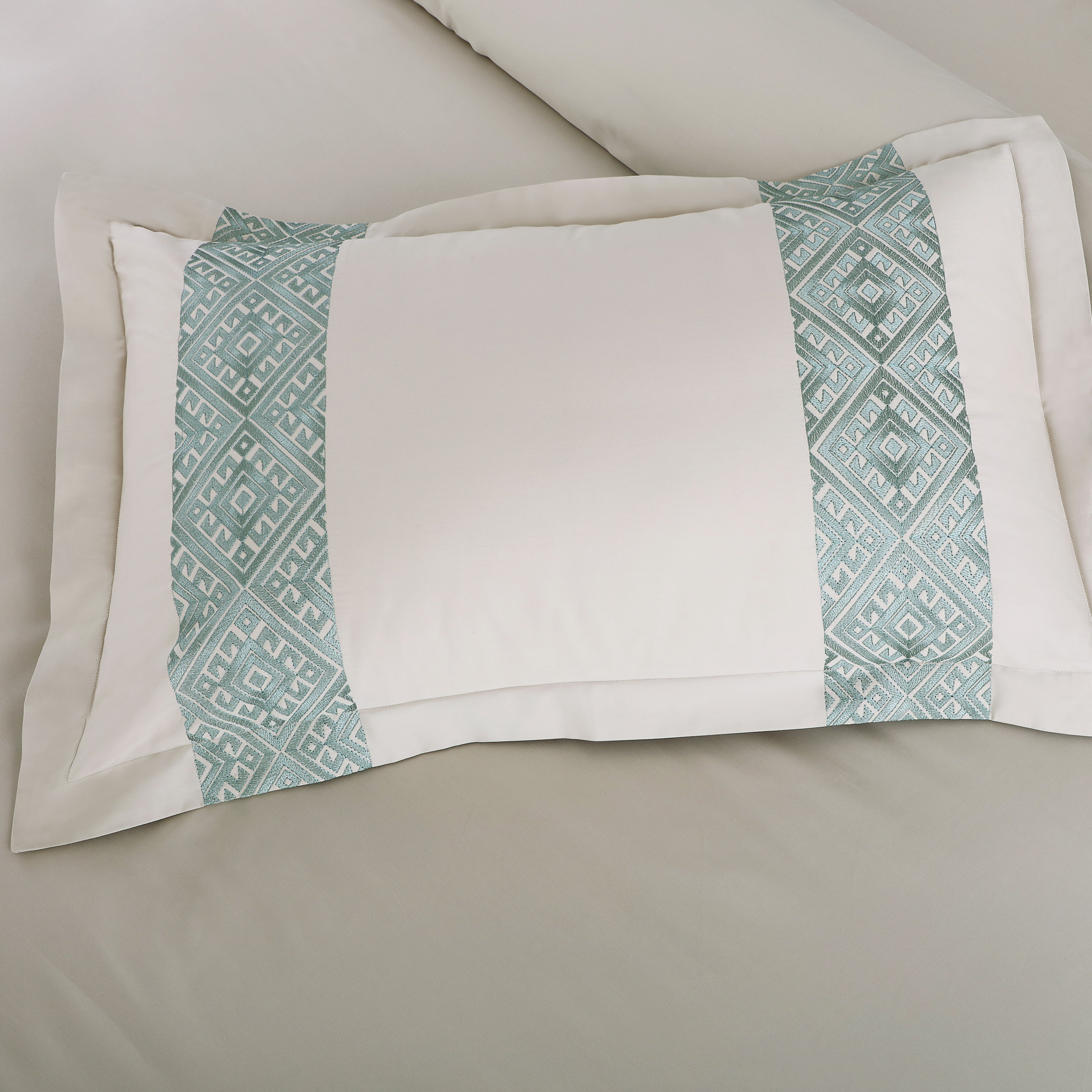 Luxe Stitch & Dream Bedsheet with 2 Embroidered -2 Plain Pillow Cases -Olive Beige