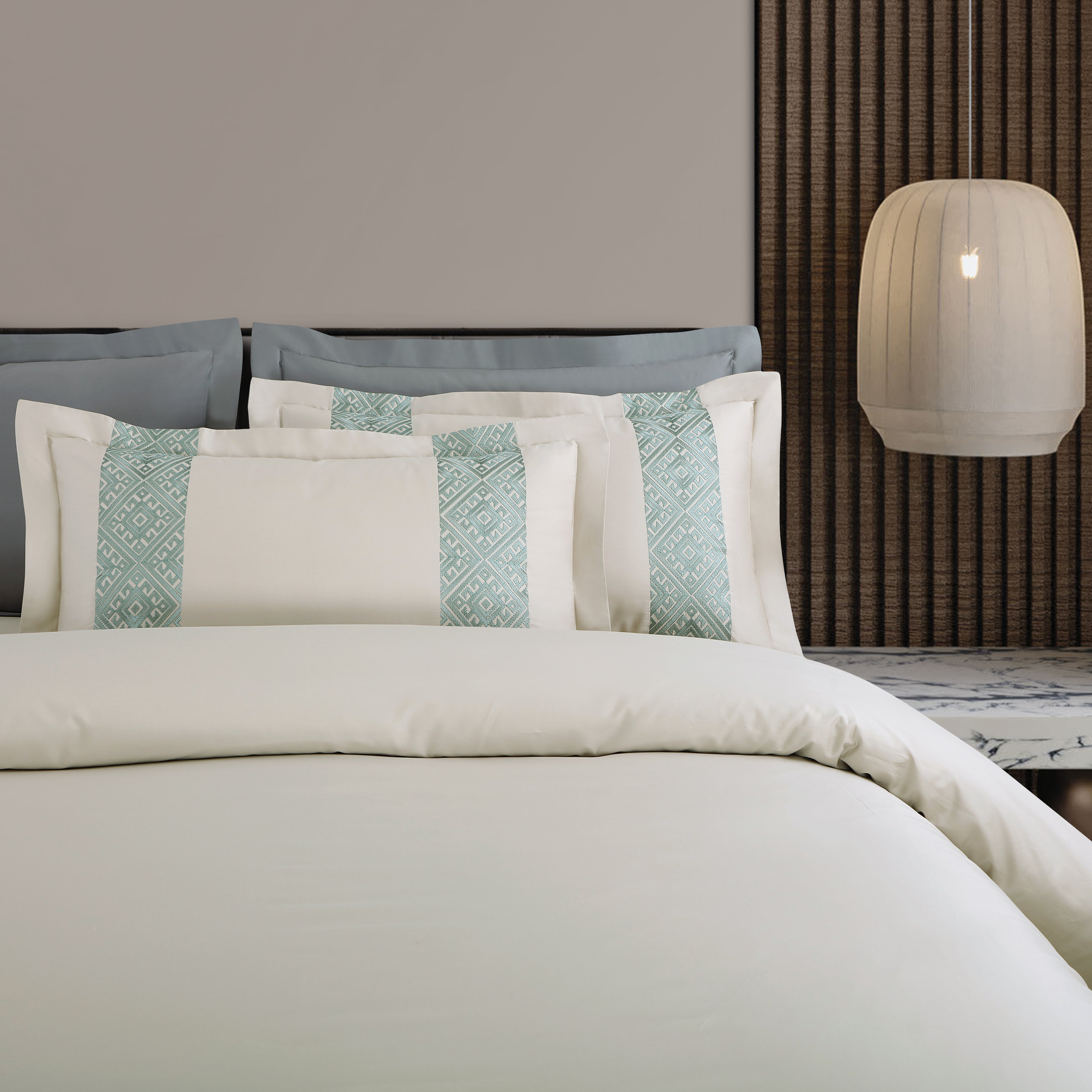 Luxe Stitch & Dream Bedsheet with 2 Embroidered -2 Plain Pillow Cases -Olive Beige