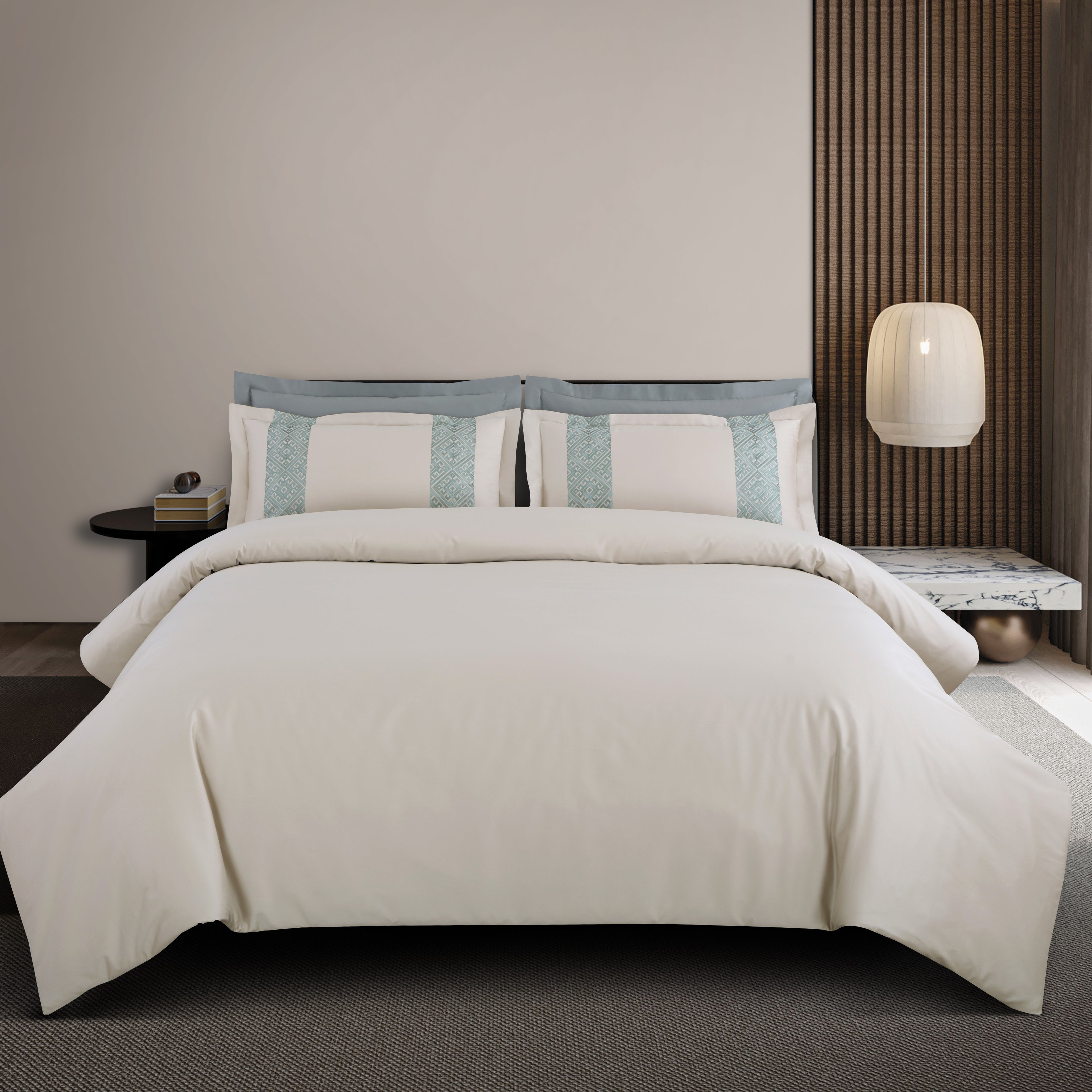 Luxe Stitch & Dream Bedsheet with 2 Embroidered -2 Plain Pillow Cases -Olive Beige