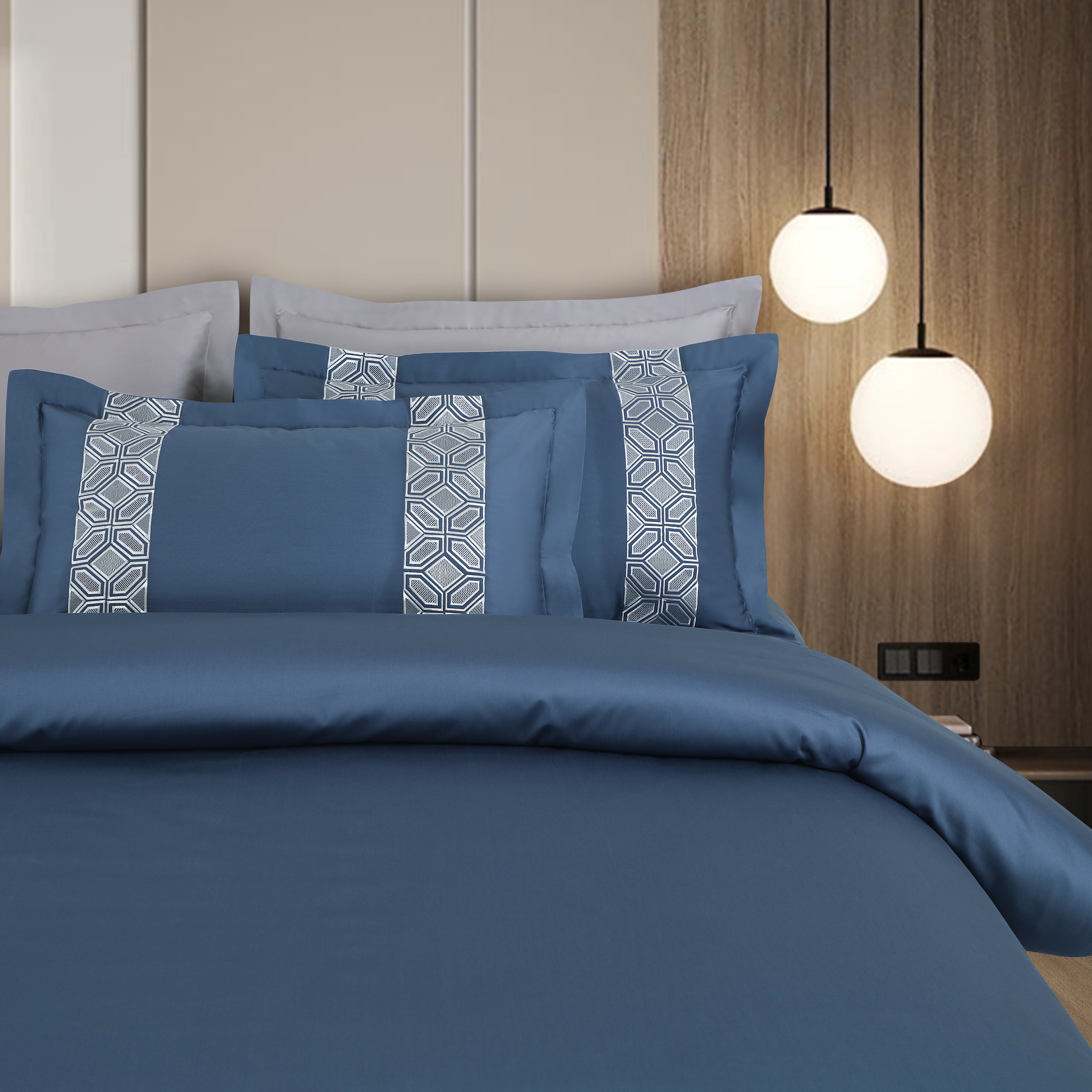 Luxe Stitch & Dream Bedsheet with 2 Embroidered & Plain Pillow Cases - Blue