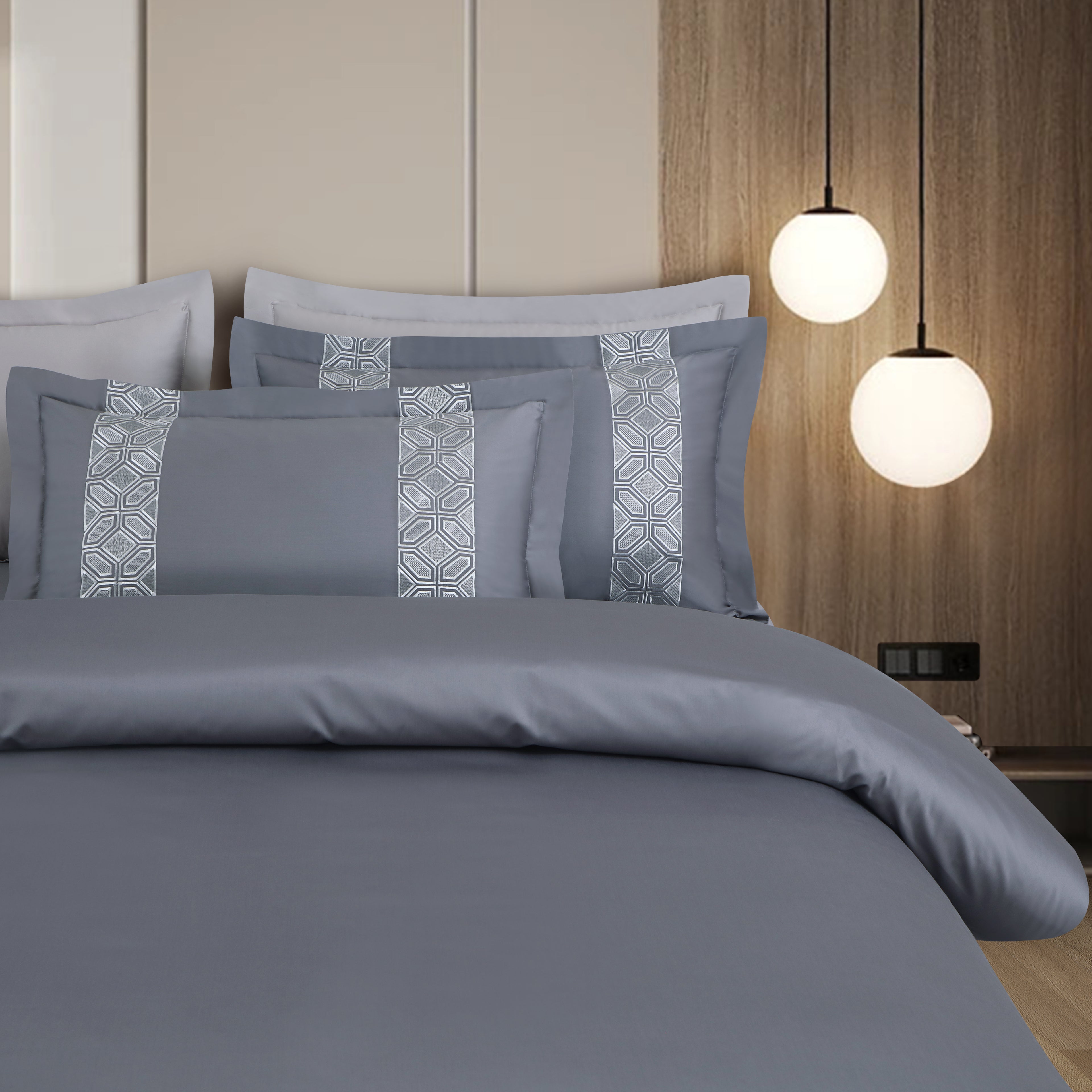 Luxe Stitch & Dream Bedsheet with 2 Embroidered & Plain Pillow Cases - Grey
