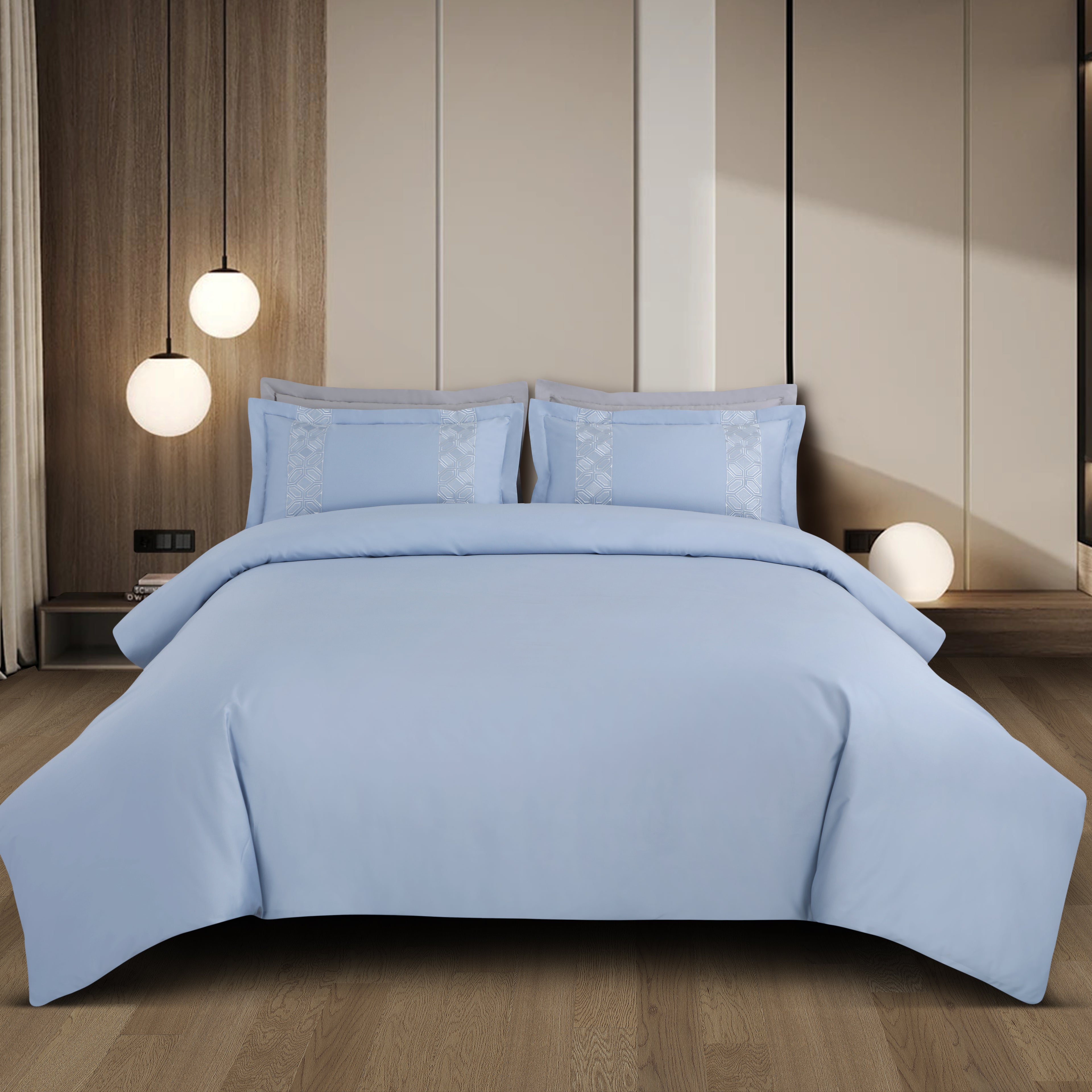 Luxe Stitch & Dream Bedsheet with 2 Embroidered & Plain Pillow Cases - Pigeon Blue