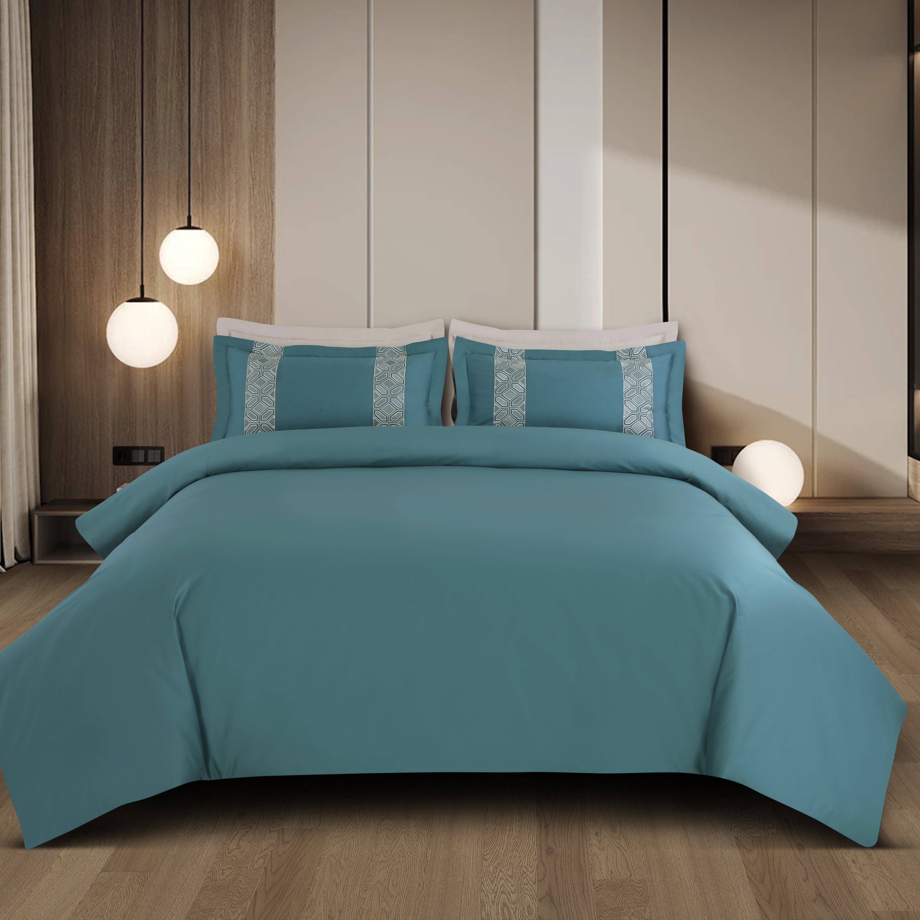 Luxe Stitch & Dream Bedsheet with 2 Embroidered & Plain Pillow Cases - Teal Green