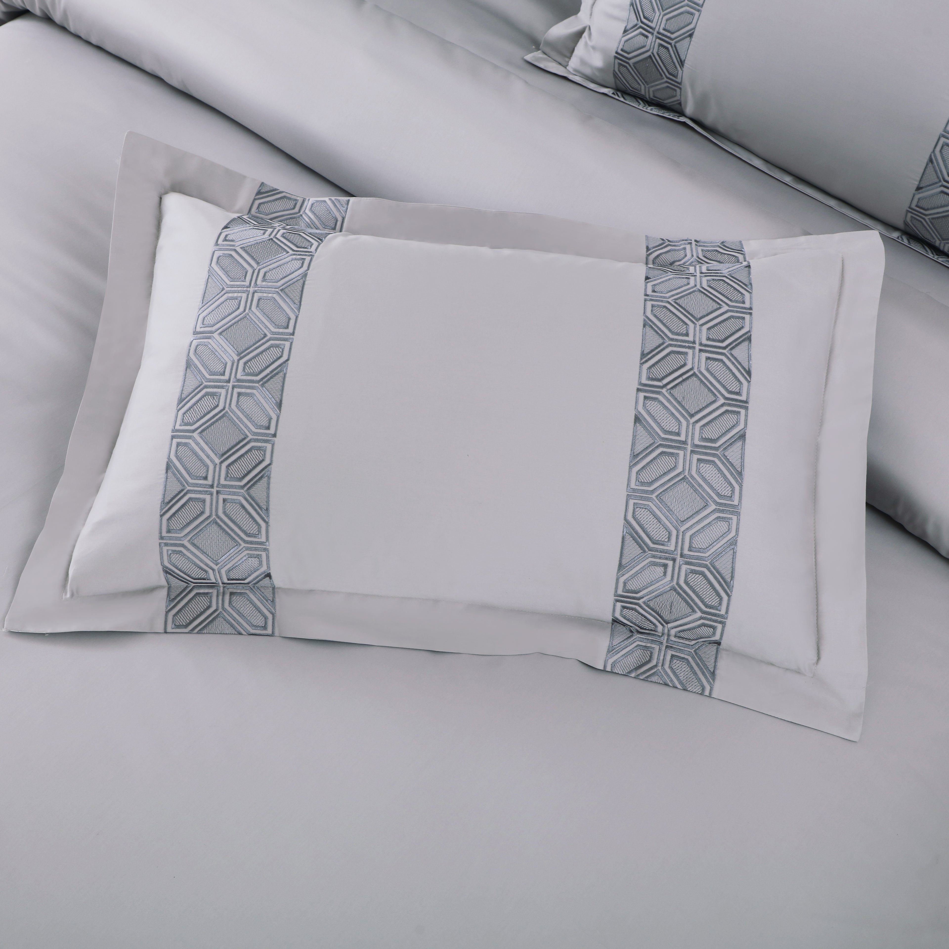 Luxe Stitch & Dream Bedsheet with 2 Embroidered & Plain Pillow Cases - Silver Grey