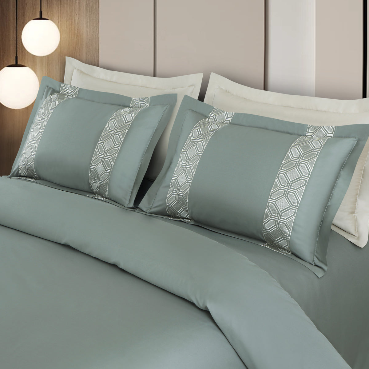 Luxe Stitch & Dream Bedsheet with 2 Embroidered & Plain Pillow Cases - Olive Green