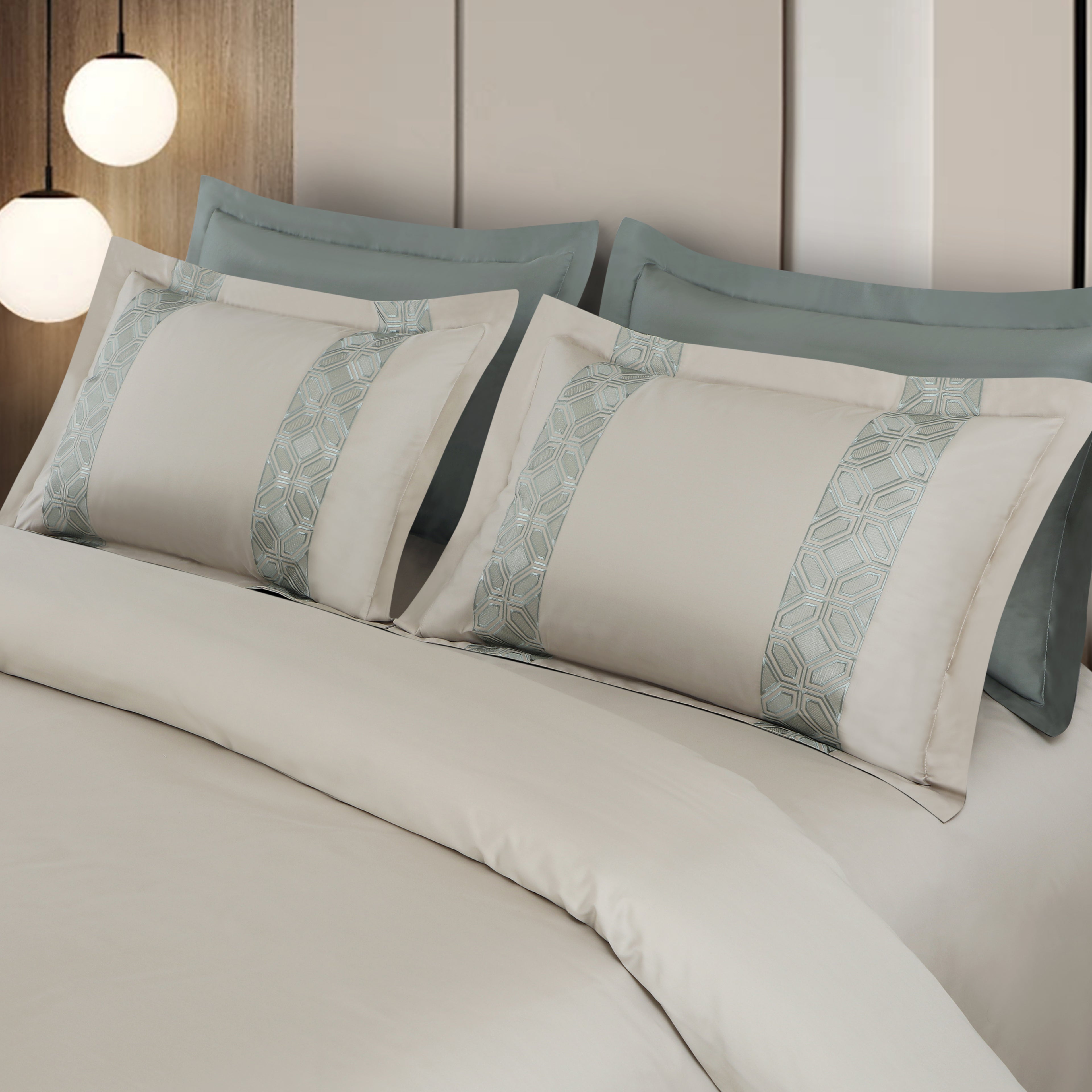 Luxe Stitch & Dream Bedsheet with 2 Embroidered & Plain Pillow Cases - Olive Beige