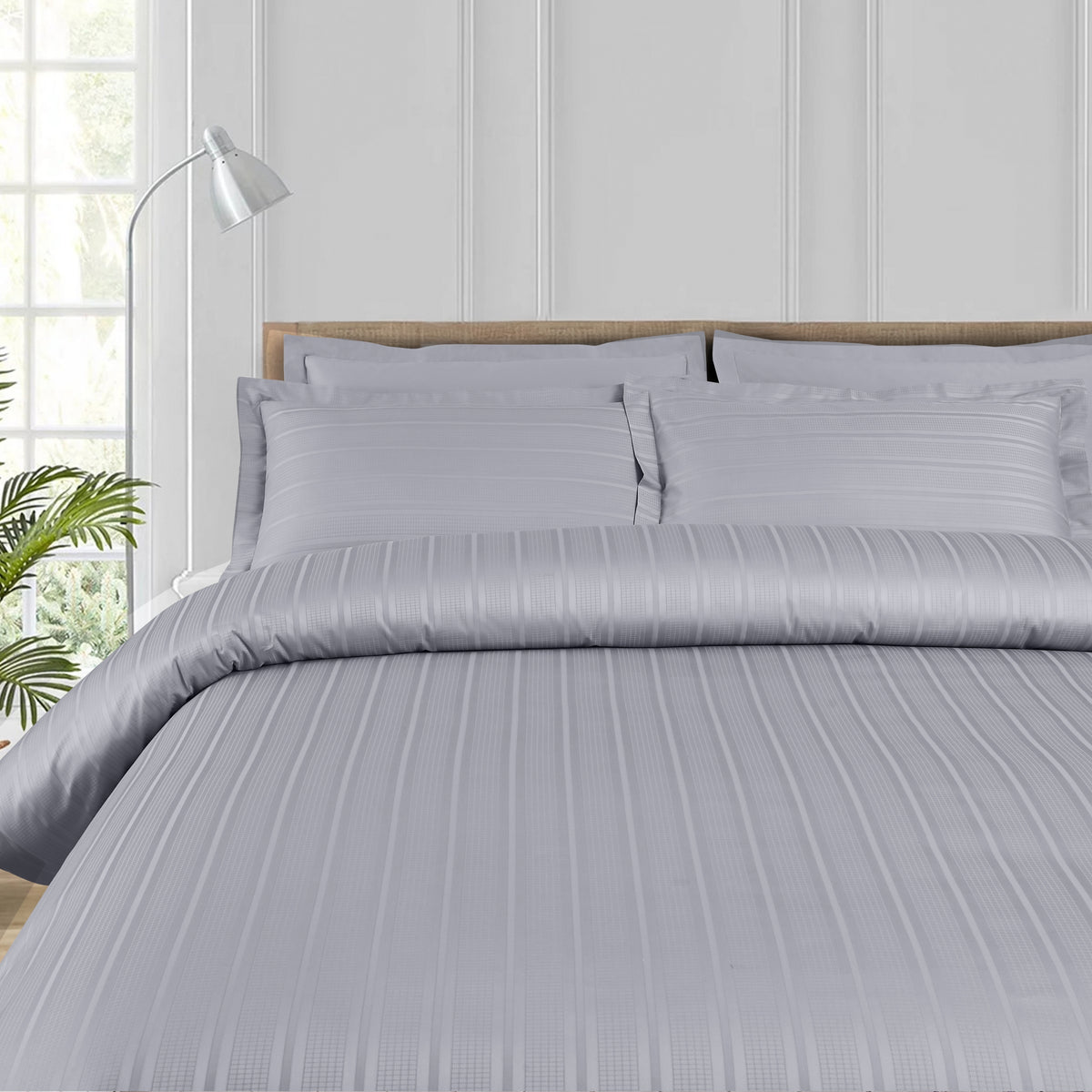 Jacquard King Size Bedsheet with 2 Pillow Covers-Silver Grey