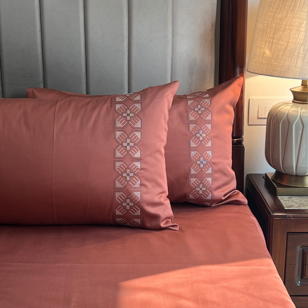 Allure Terracotta 300TC Cotton Bed Sheet with 2 Embroidered Pillow Covers
