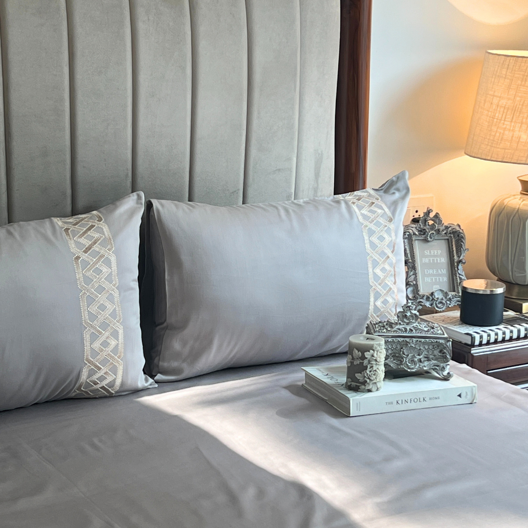 Austin Silver 300TC Cotton Bed Sheet with 2 Embroidered Pillow Covers