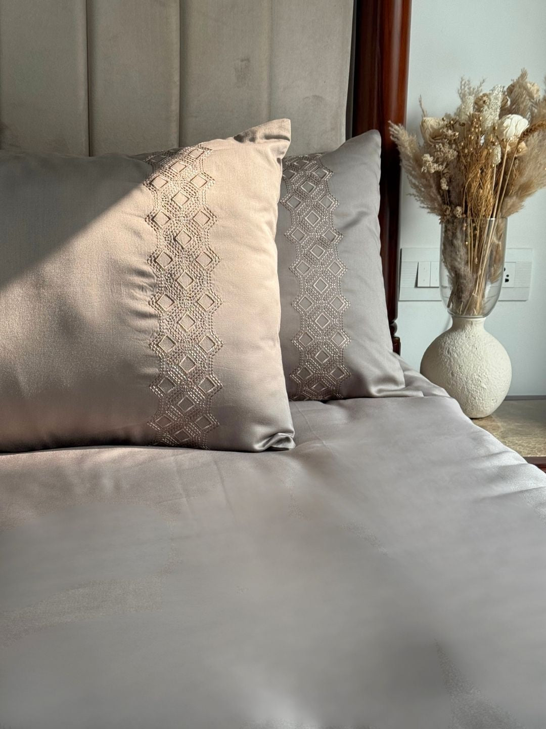 Cora Olive Grey 300TC Cotton Bed Sheet with 2 Embroidered Pillow Covers