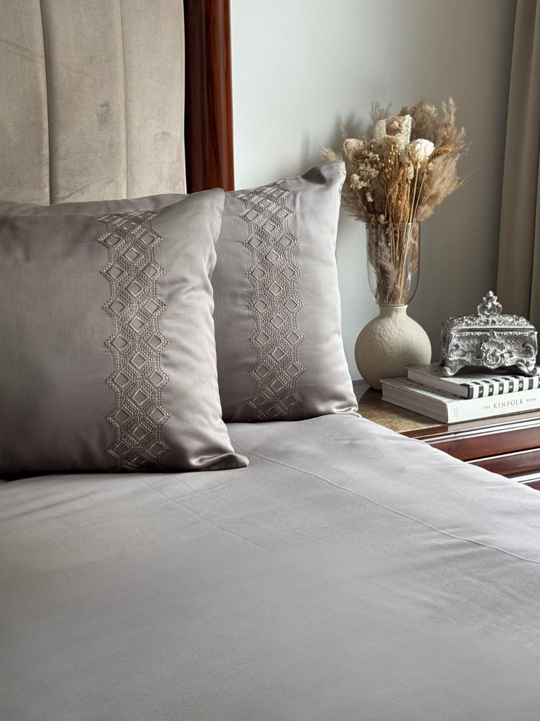 Cora Olive Grey 300TC Cotton Bed Sheet with 2 Embroidered Pillow Covers