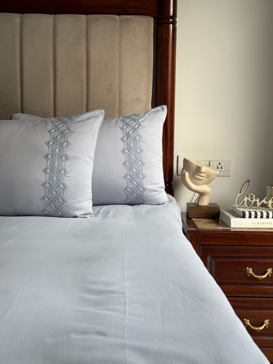 Cora Smoke Blue 300TC Cotton Bed Sheet with 2 Embroidered Pillow Covers