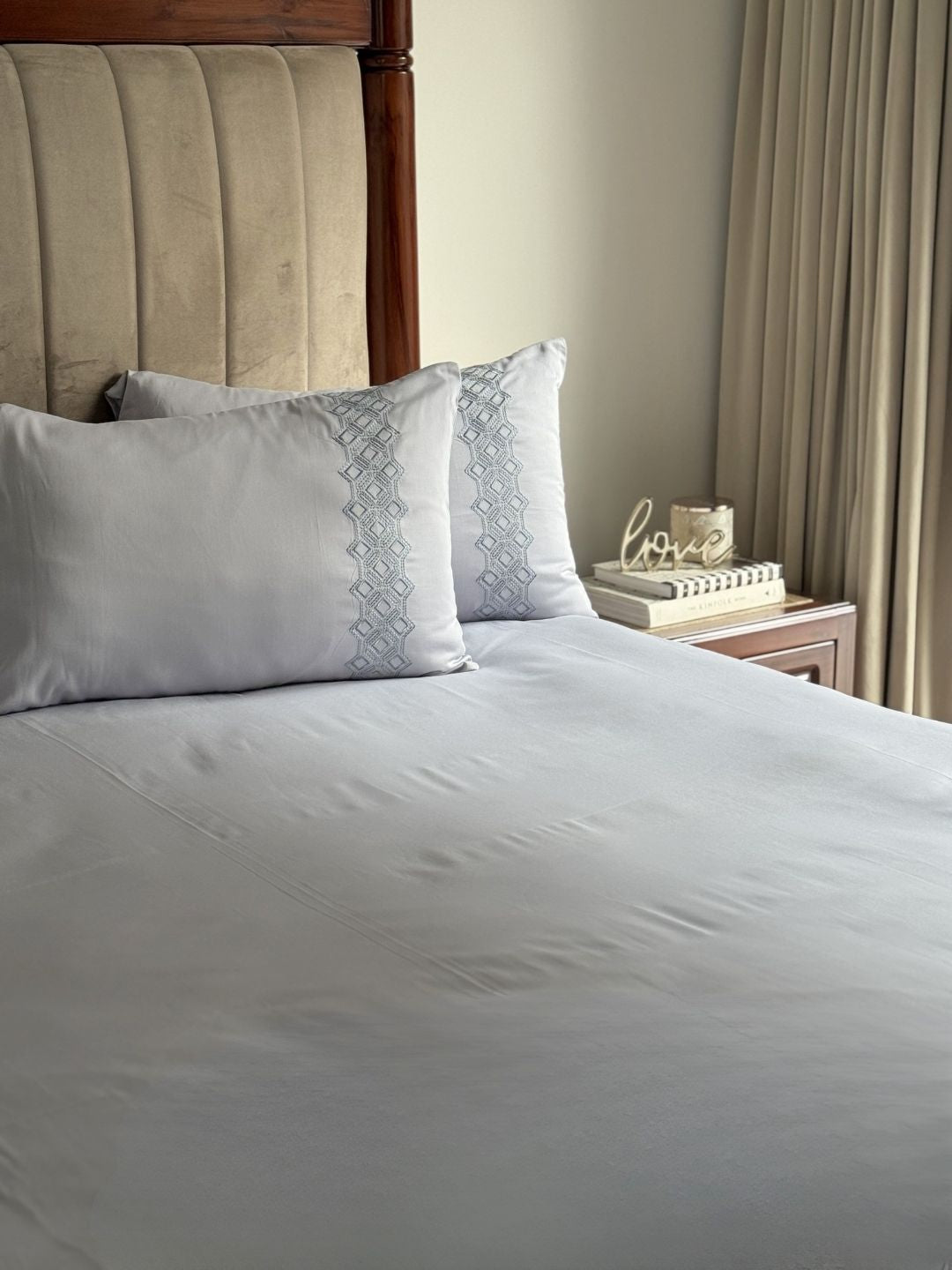 Cora Smoke Blue 300TC Cotton Bed Sheet with 2 Embroidered Pillow Covers
