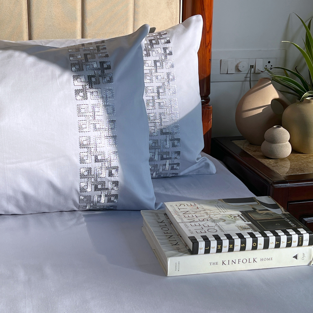 Evara Smoke Blue 300TC Cotton Bed Sheet with 2 Embroidered Pillow Covers