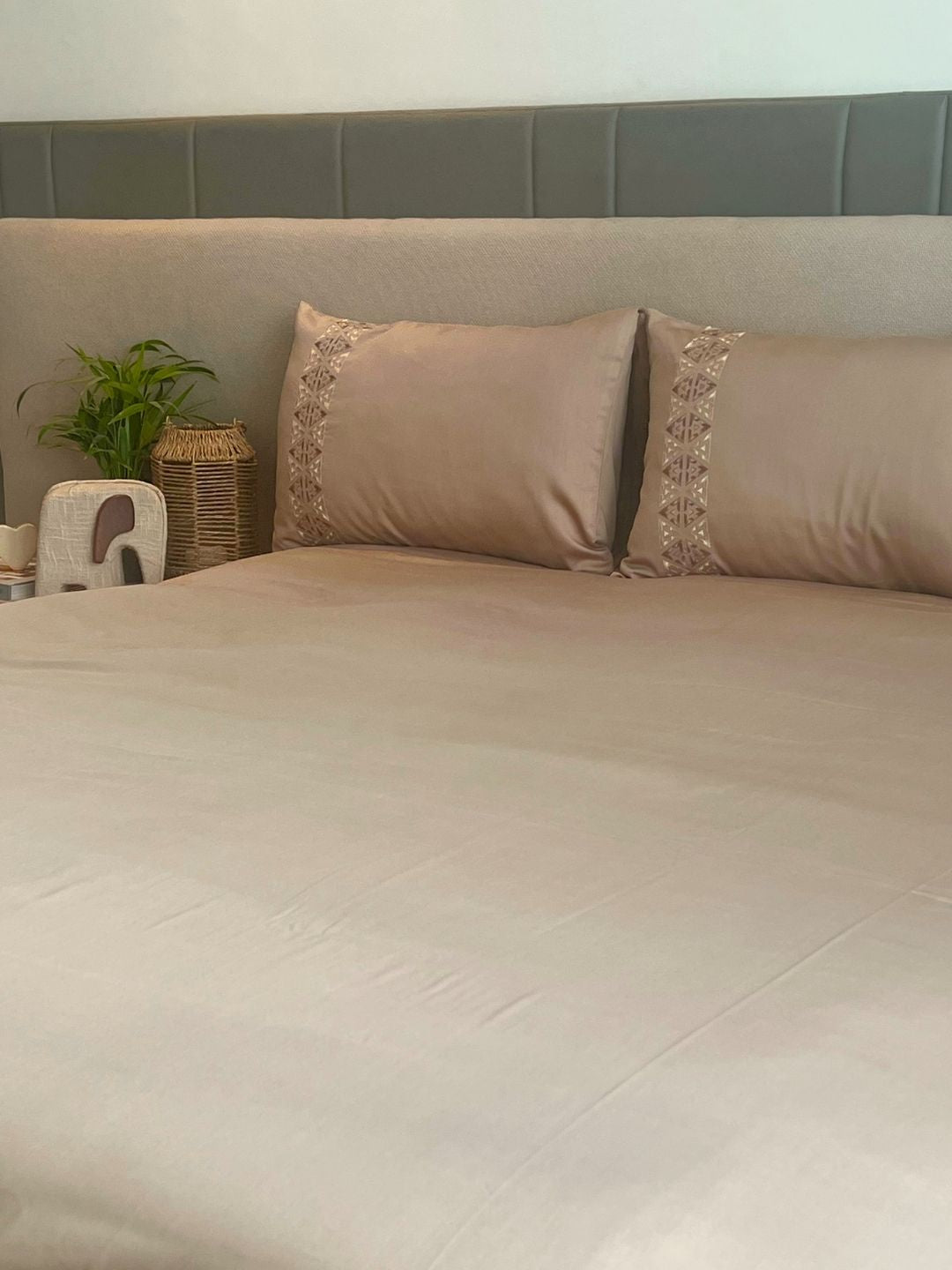 Faye Sand 300TC Cotton Bed Sheet with 2 Embroidered Pillow Covers