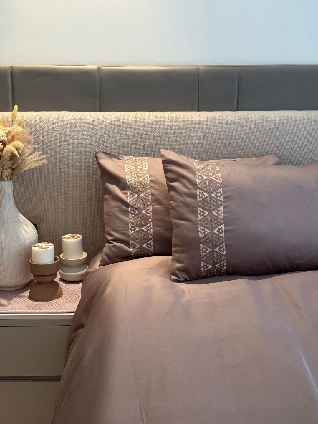 Faye Taupe 300TC Cotton Bed Sheet with 2 Embroidered Pillow Covers